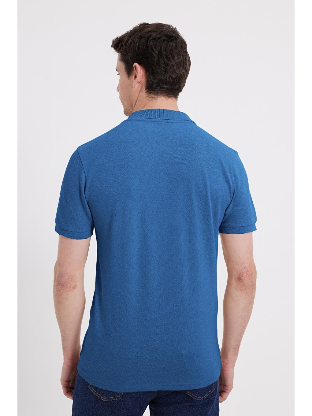 Erkek Slim Fit Dar Kesim %100 Pamuk Kısa Kollu Polo Yaka Mavi Tişört-4