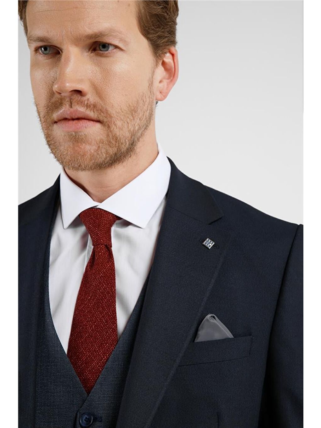 Lacivert Mono Yaka Kazayağı Desen Yelekli 6 Drop Slim Fit Takım Elbise 1001255175-3