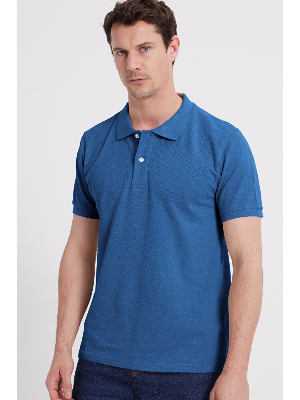 Erkek Slim Fit Dar Kesim %100 Pamuk Kısa Kollu Polo Yaka Mavi Tişört-5