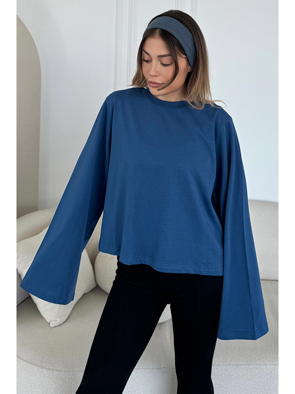 Lila Geniş Kol Oversize 2'Li Paket T-Shirt 965 İndigo/Ekru-1