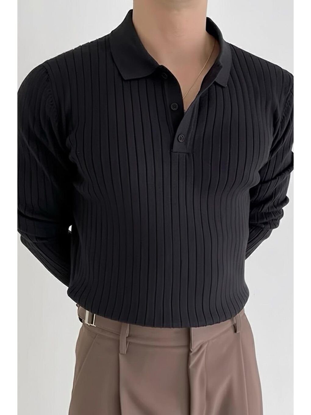 Siyah Josse Slim Fit Old Money Düğmeli Polo Yaka Triko Kazak