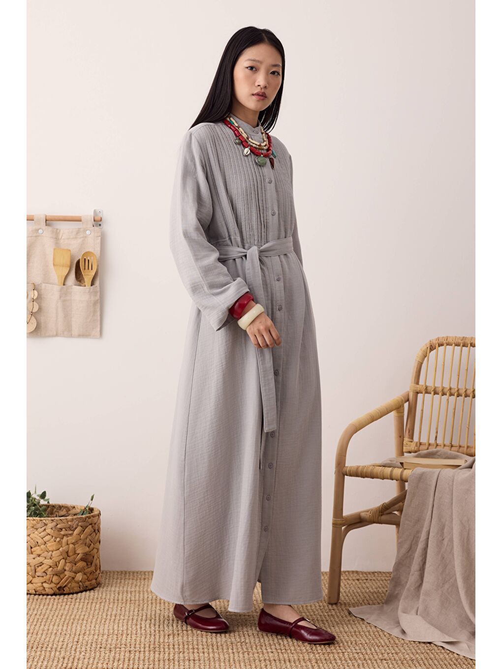 Müslin Nervürlü Elbise Gri-4