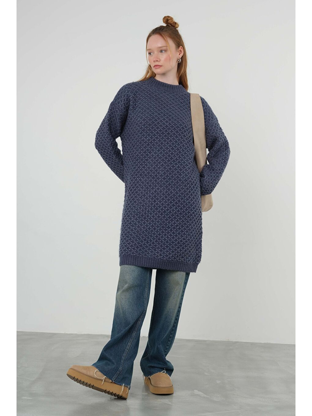 Örümcek Örgülü Kazak Uzun Jean Mavi