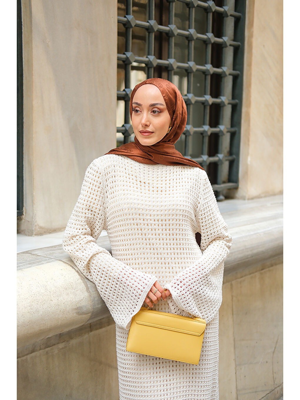 Ekru Kadın Ajur Desenli Elbise Krem-4