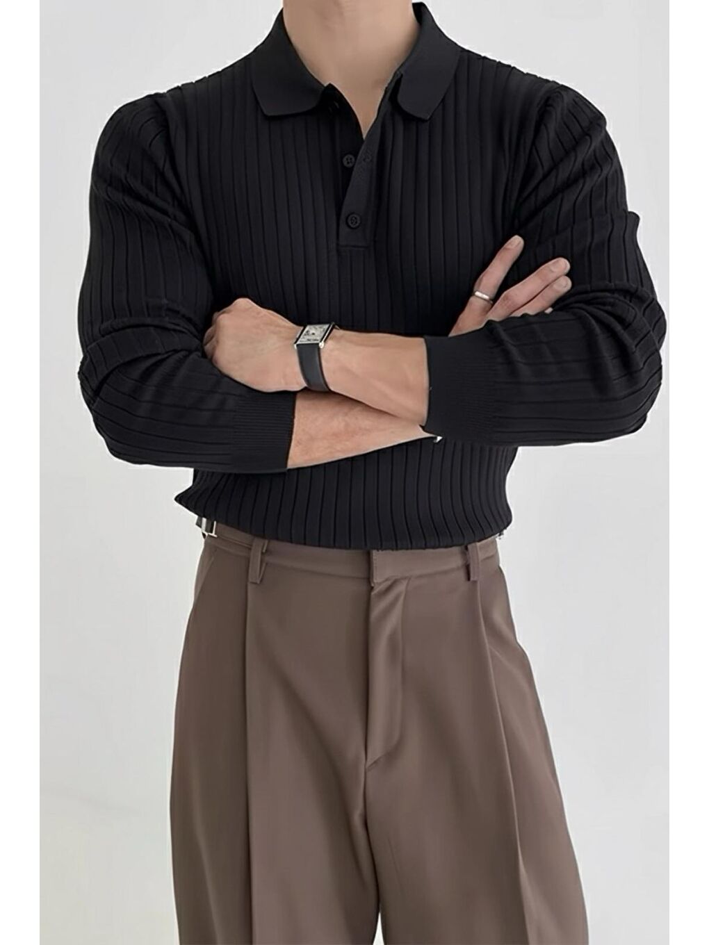 Siyah Josse Slim Fit Old Money Düğmeli Polo Yaka Triko Kazak-1