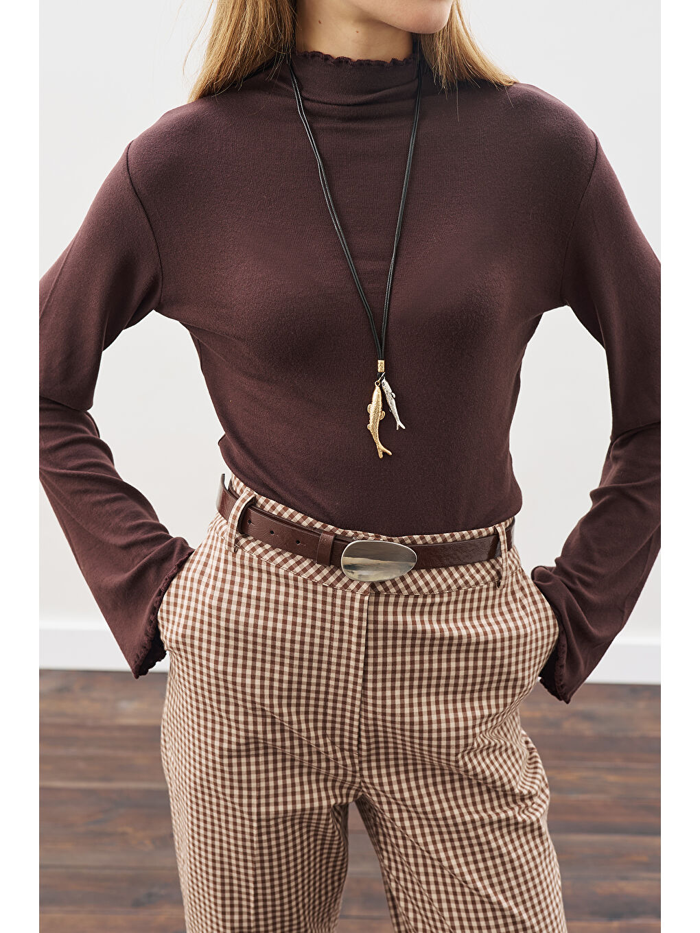 Kahverengi Balıkçı Yaka Bluz Acı Kahve-5