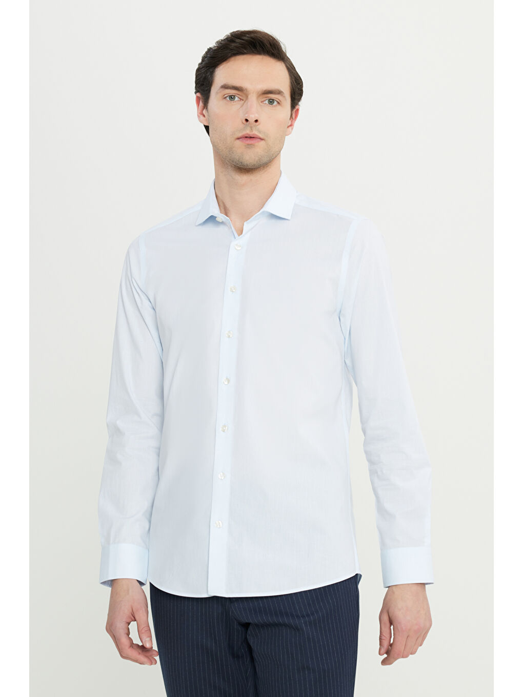 Erkek Mavi Flamlı Slim Fit Dar Kesim Düğmeli Yaka Gömlek-3