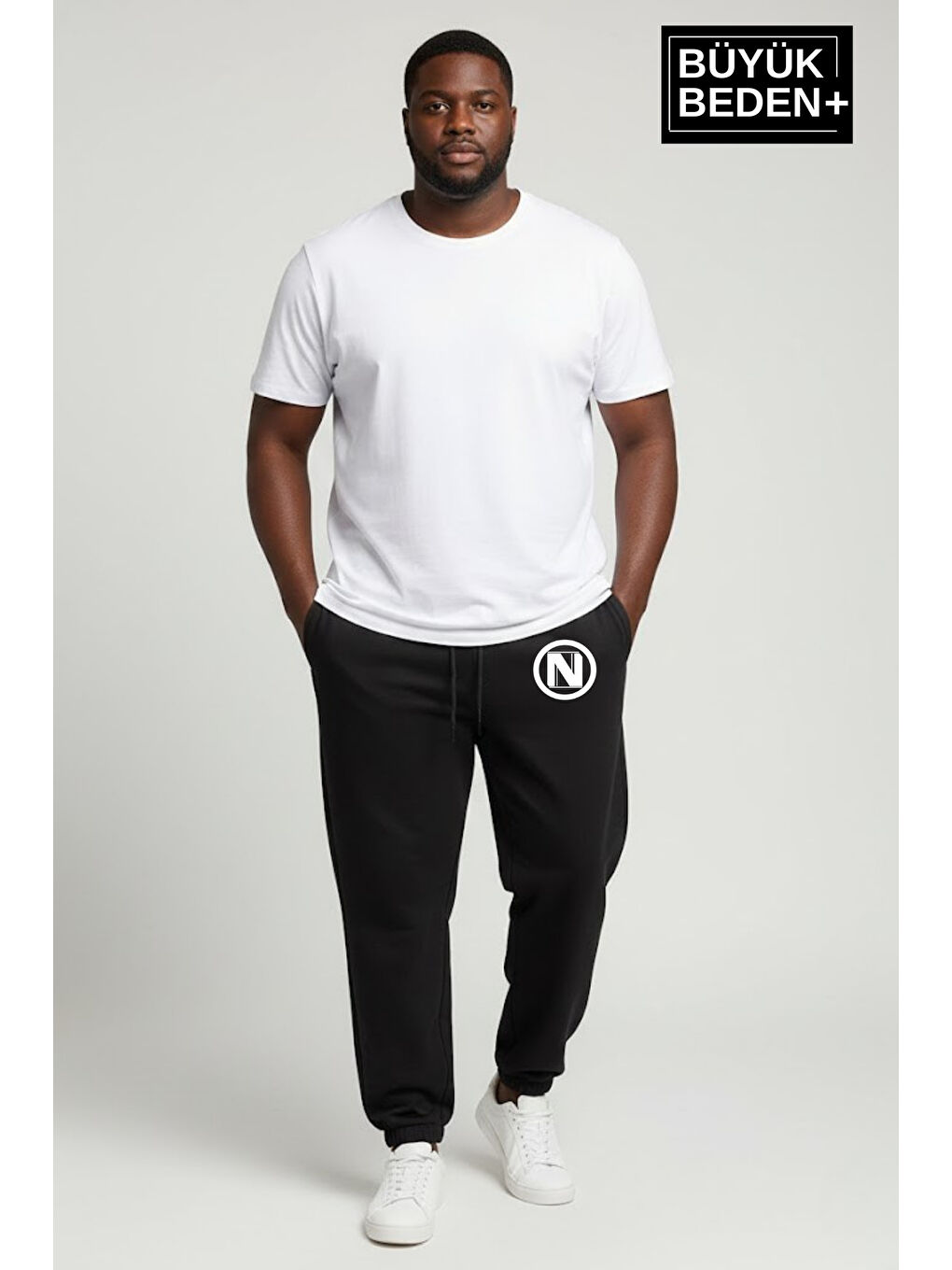 Siyah Erkek Büyük Beden N Logolu Paça Lastikli Rahat Kesim Jogger İnce Eşofman Altı SPR26BEA951-4