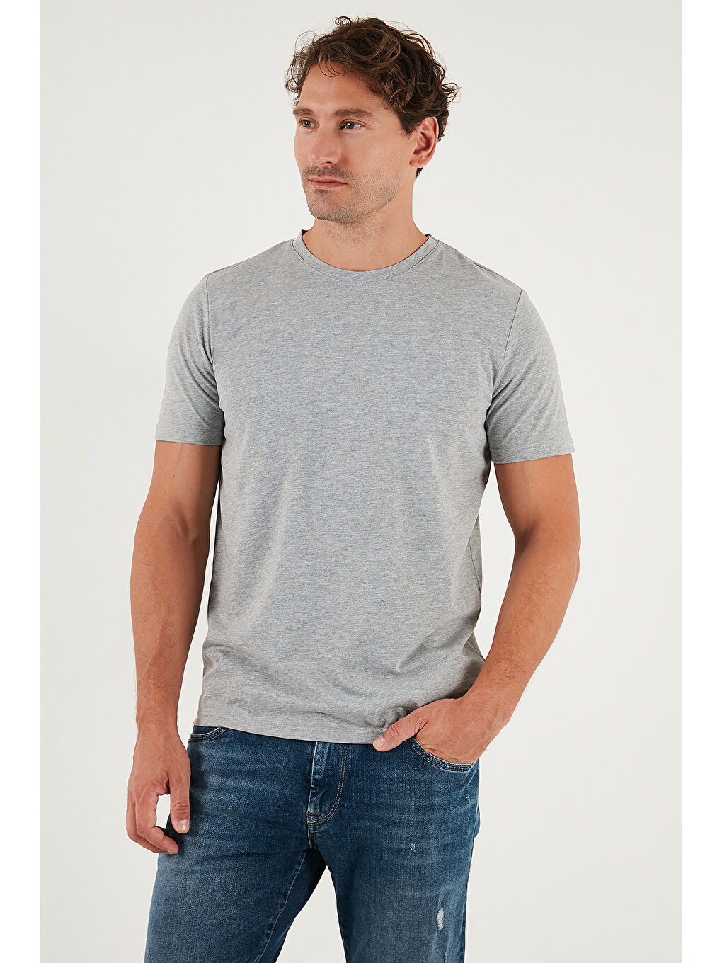 Gri Pamuklu Regular Fit Bisiklet Yaka %100 Pamuk Tişört 59020204-2