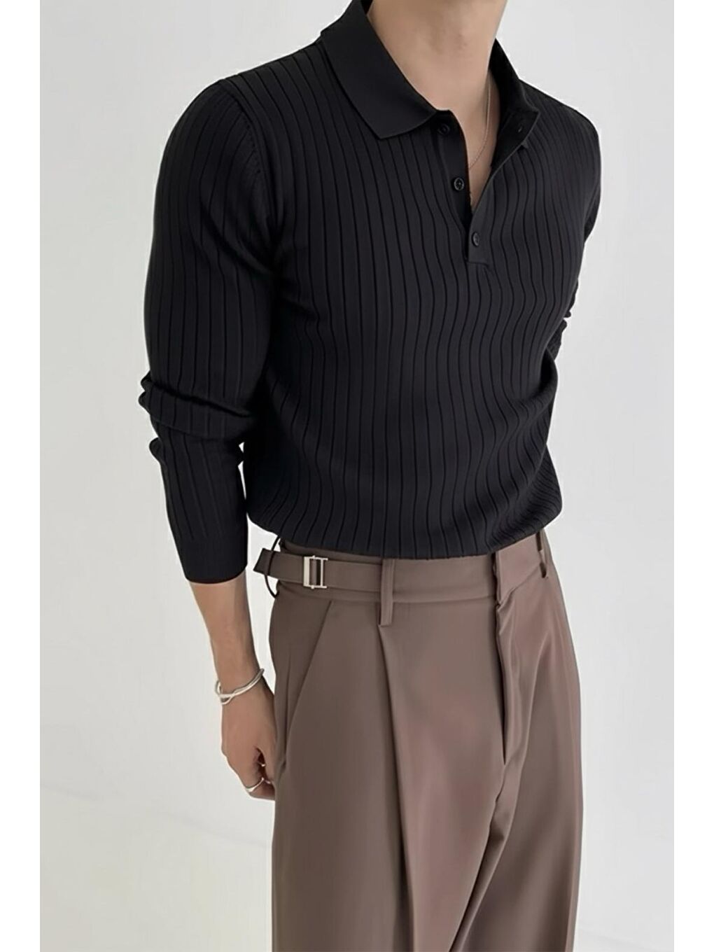 Siyah Josse Slim Fit Old Money Düğmeli Polo Yaka Triko Kazak-2