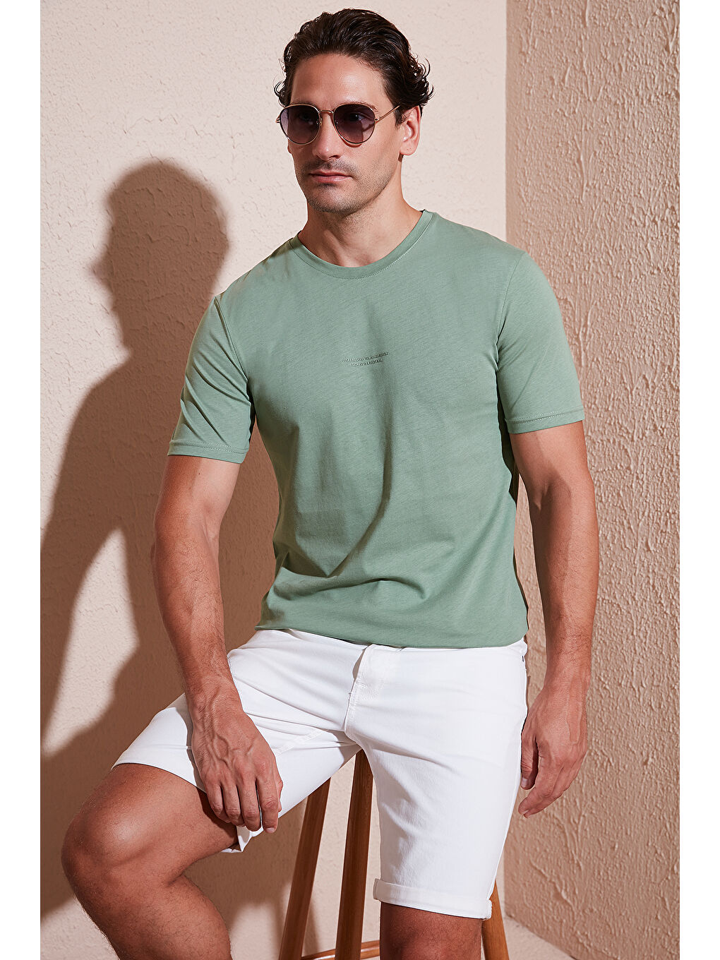 Yeşil Pamuklu Baskılı Regular Fit Bisiklet Yaka %100 Pamuk Tişört 59020205-1