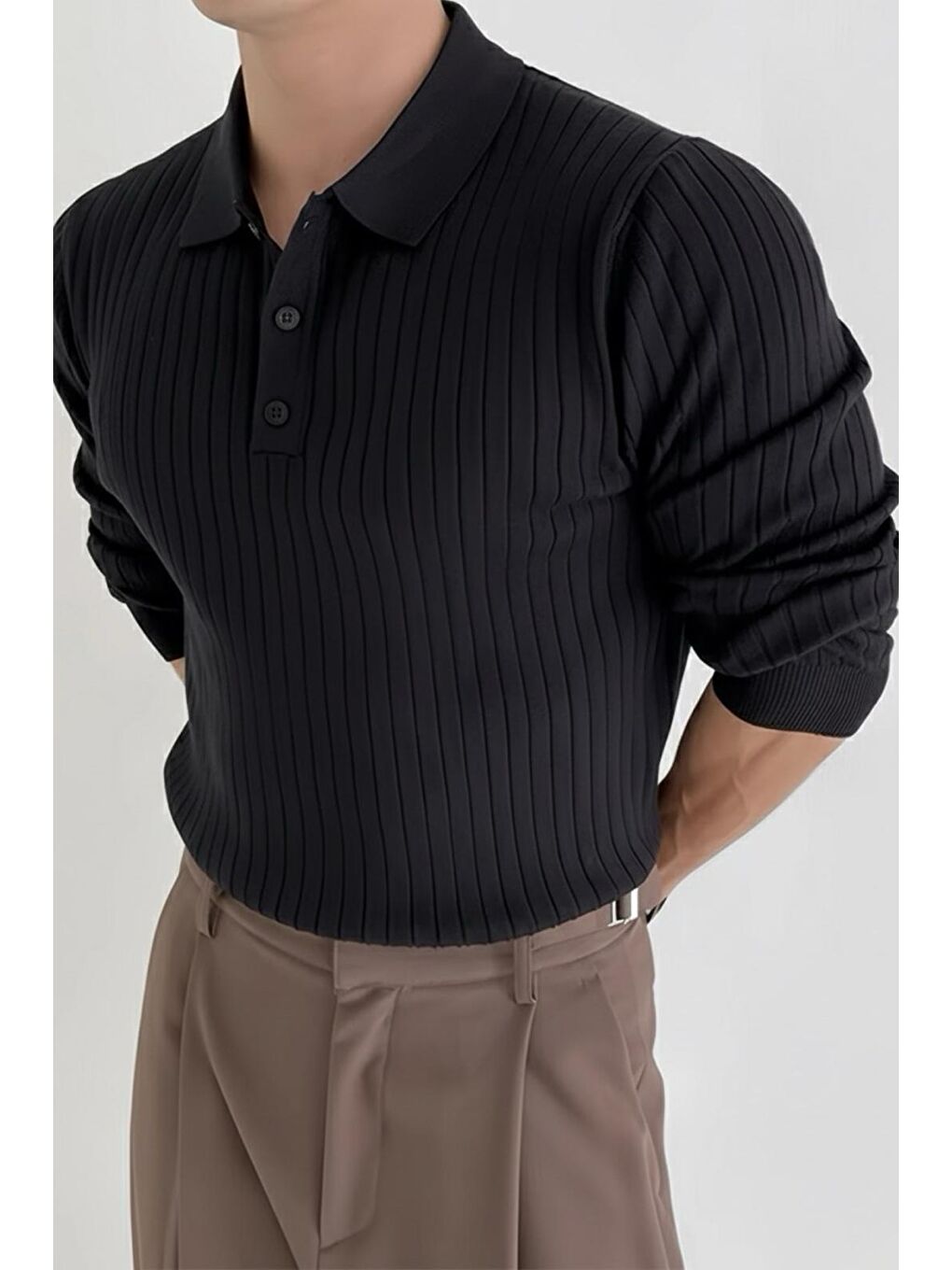 Siyah Josse Slim Fit Old Money Düğmeli Polo Yaka Triko Kazak-3