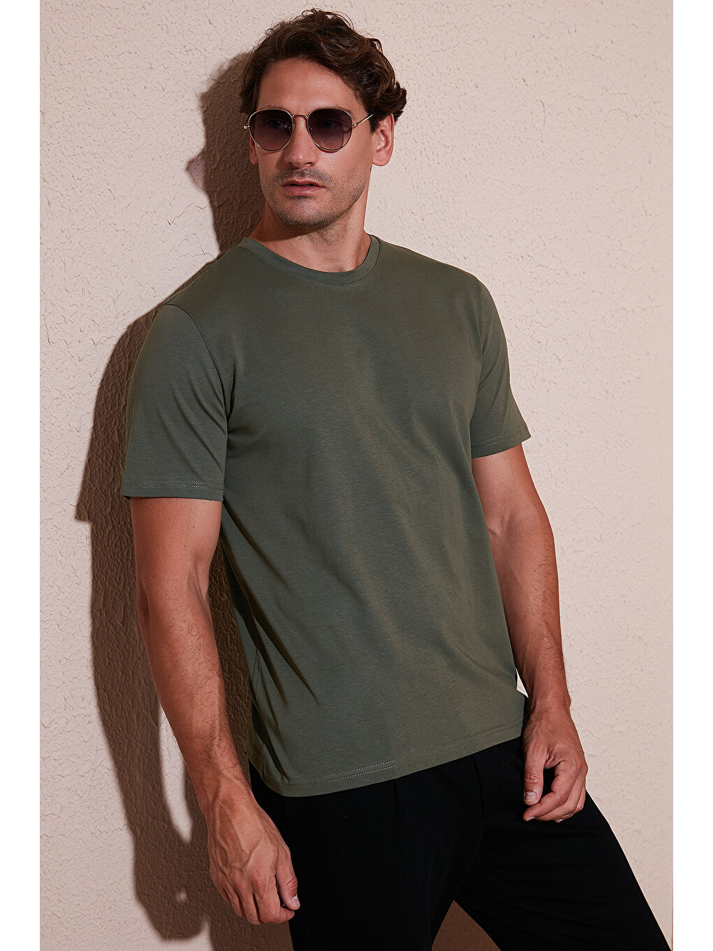 Haki Pamuklu Regular Fit Bisiklet Yaka %100 Pamuk Tişört 59020204-1