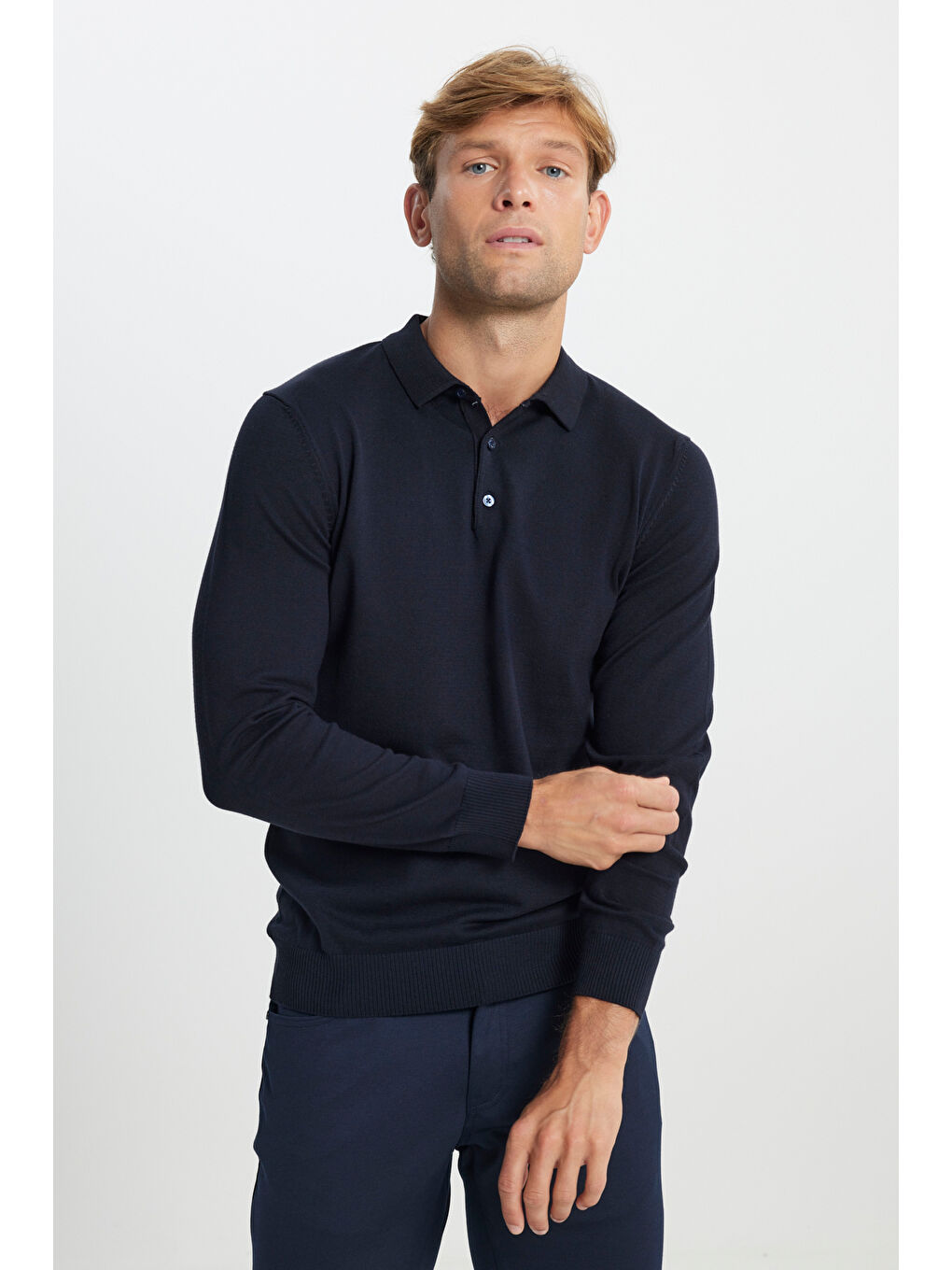 Erkek Lacivert Pamuklu Standart Fit Normal Kesim Polo Yaka Triko Kazak