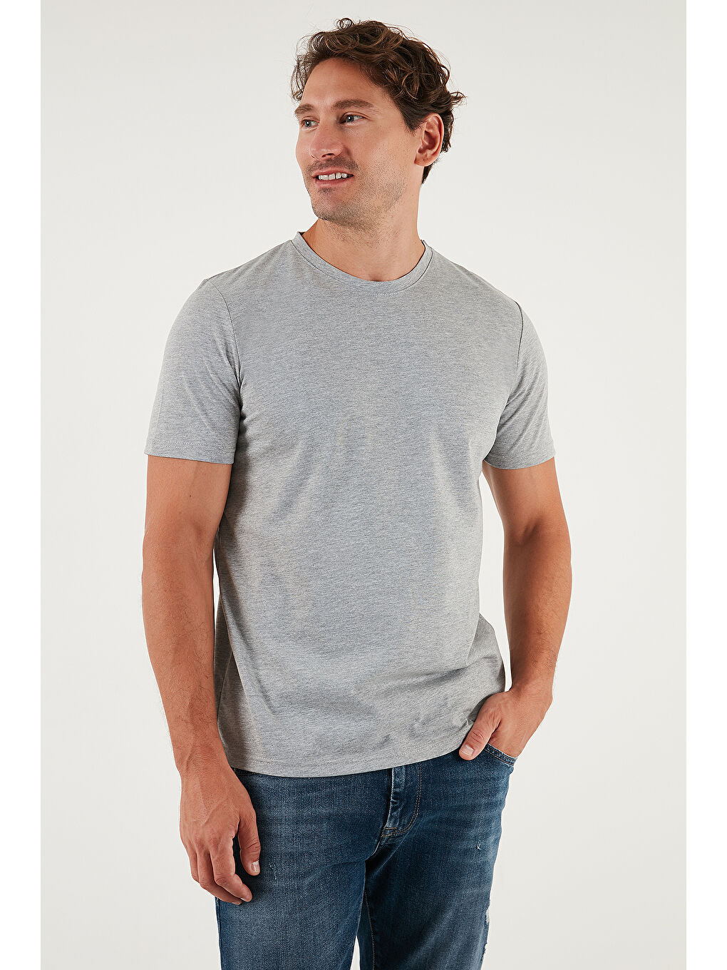 Gri Pamuklu Regular Fit Bisiklet Yaka %100 Pamuk Tişört 59020204-3