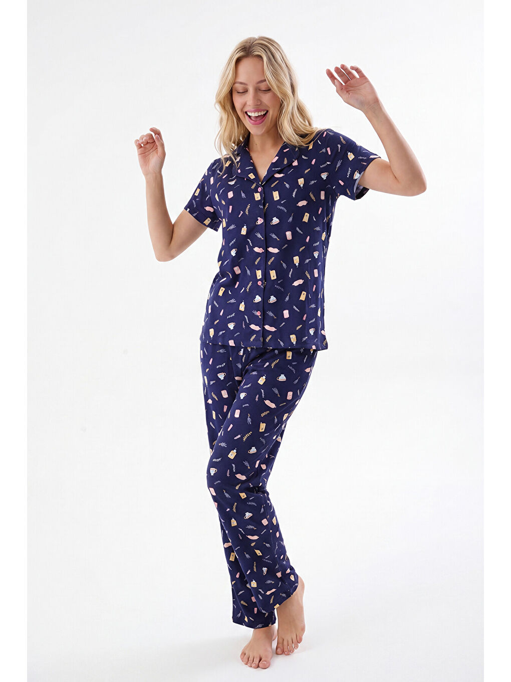 Lacivert Sweet Dreams Önden Düğmeli Pijama Takımı