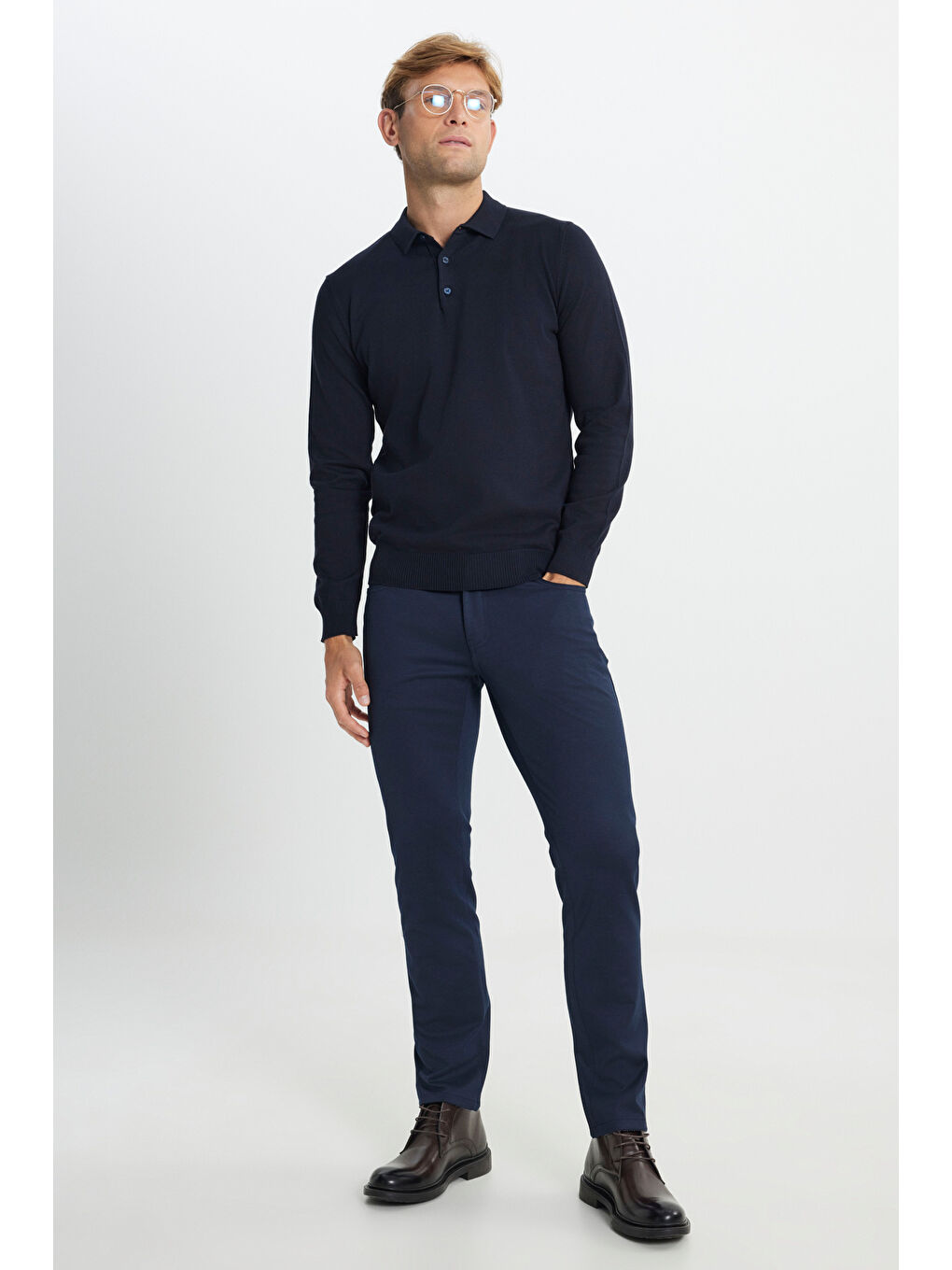 Erkek Lacivert Pamuklu Standart Fit Normal Kesim Polo Yaka Triko Kazak-1