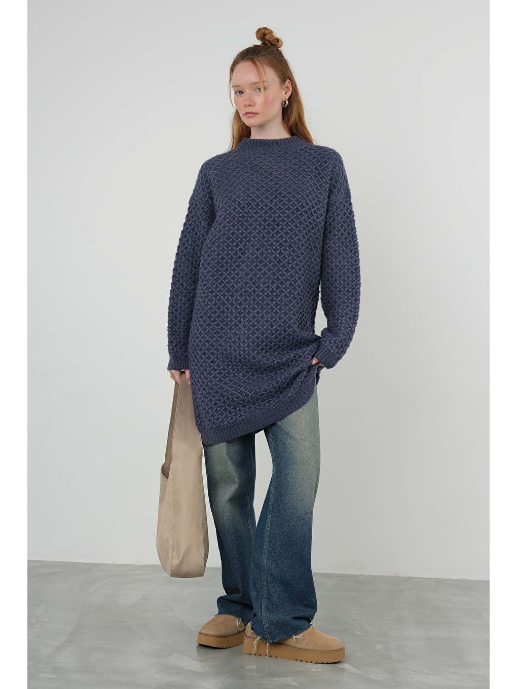 Örümcek Örgülü Kazak Uzun Jean Mavi-1