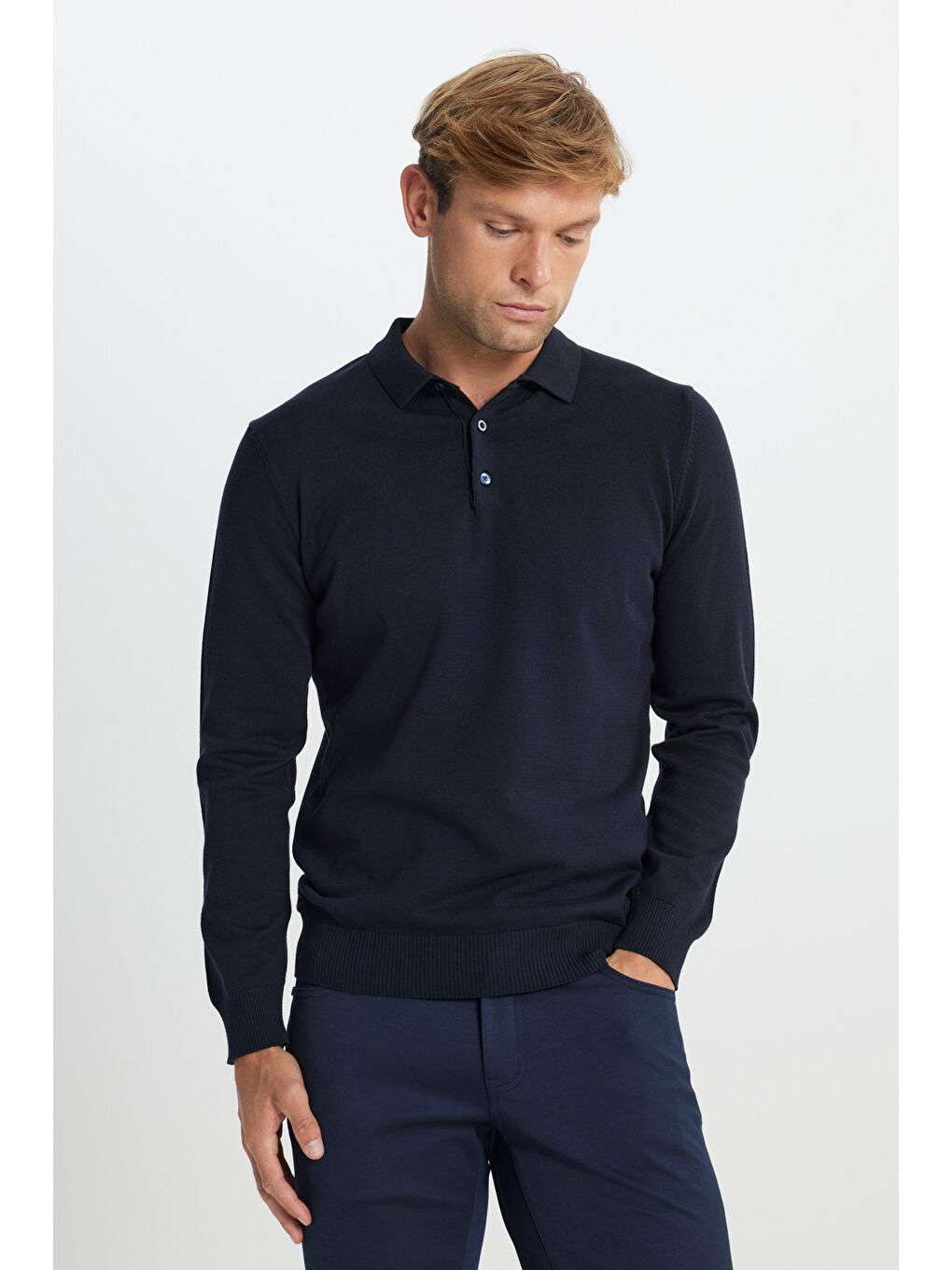 Erkek Lacivert Pamuklu Standart Fit Normal Kesim Polo Yaka Triko Kazak-2