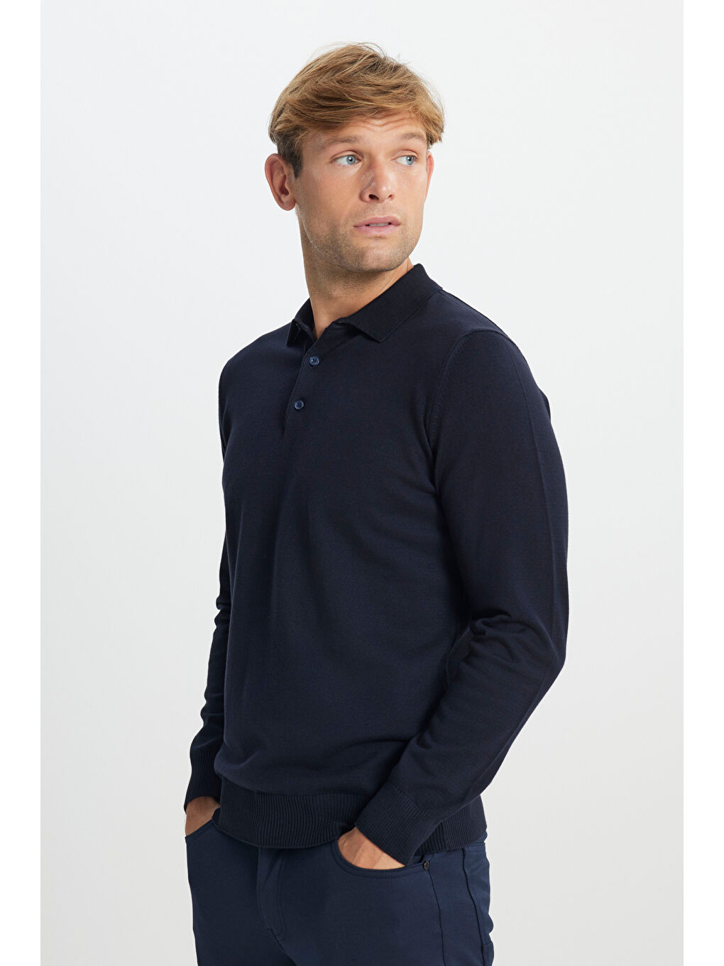 Erkek Lacivert Pamuklu Standart Fit Normal Kesim Polo Yaka Triko Kazak-3