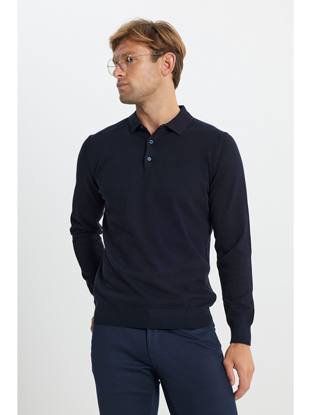 Erkek Lacivert Pamuklu Standart Fit Normal Kesim Polo Yaka Triko Kazak-4