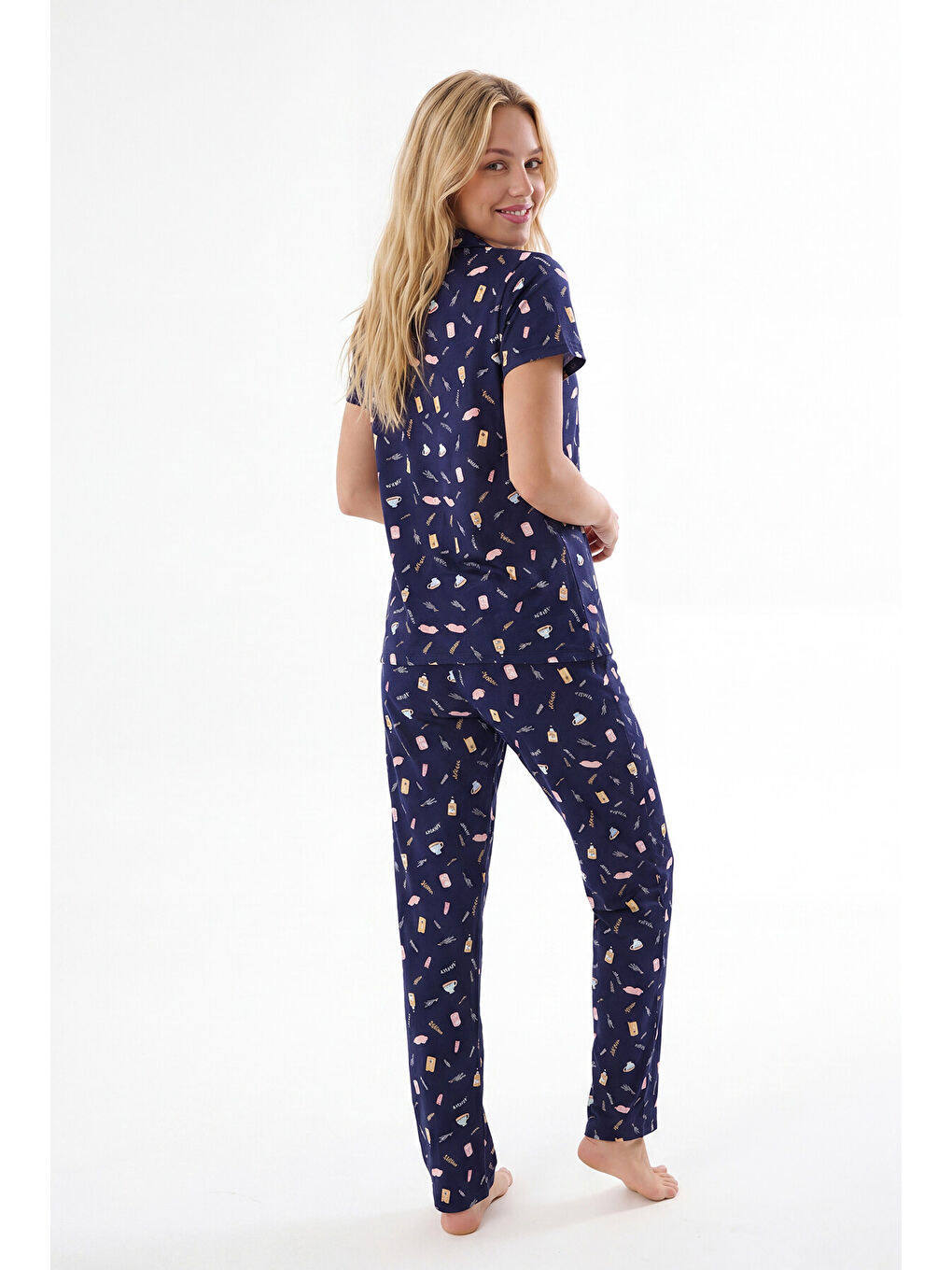 Lacivert Sweet Dreams Önden Düğmeli Pijama Takımı-2