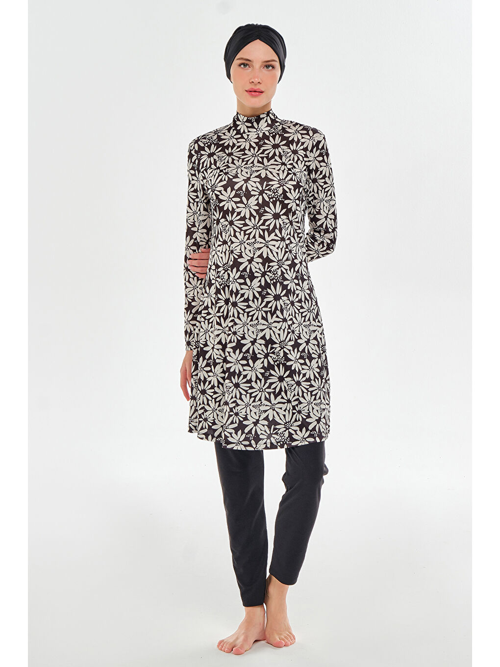 Elastanlı Tam Kapalı Tesettür Mayo Desenli 3101 Siyah-1