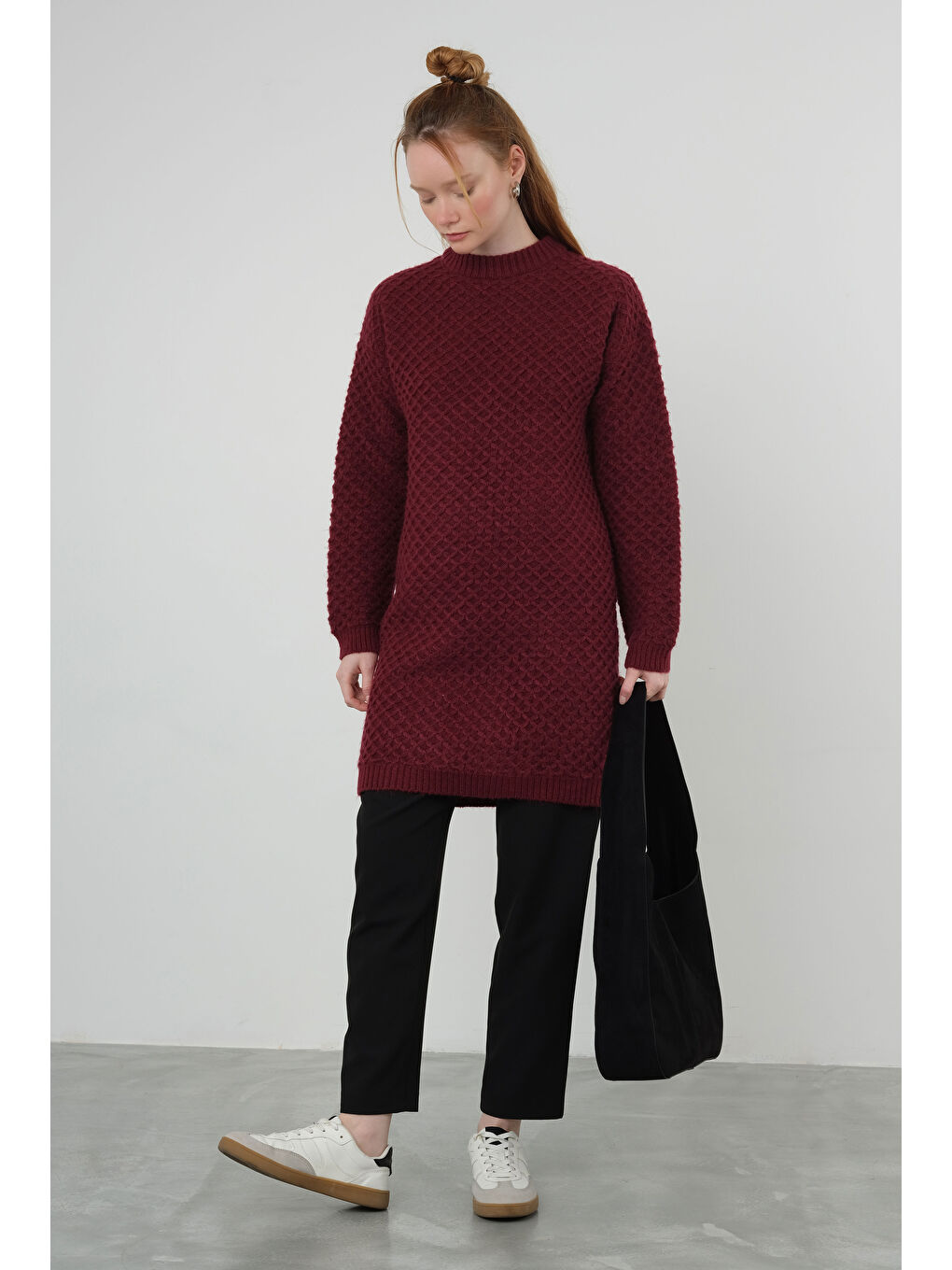 Örümcek Örgülü Kazak Uzun Bordo