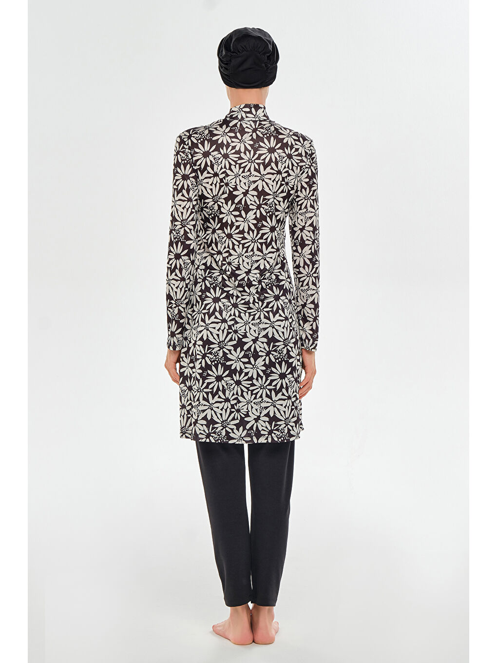 Elastanlı Tam Kapalı Tesettür Mayo Desenli 3101 Siyah-2