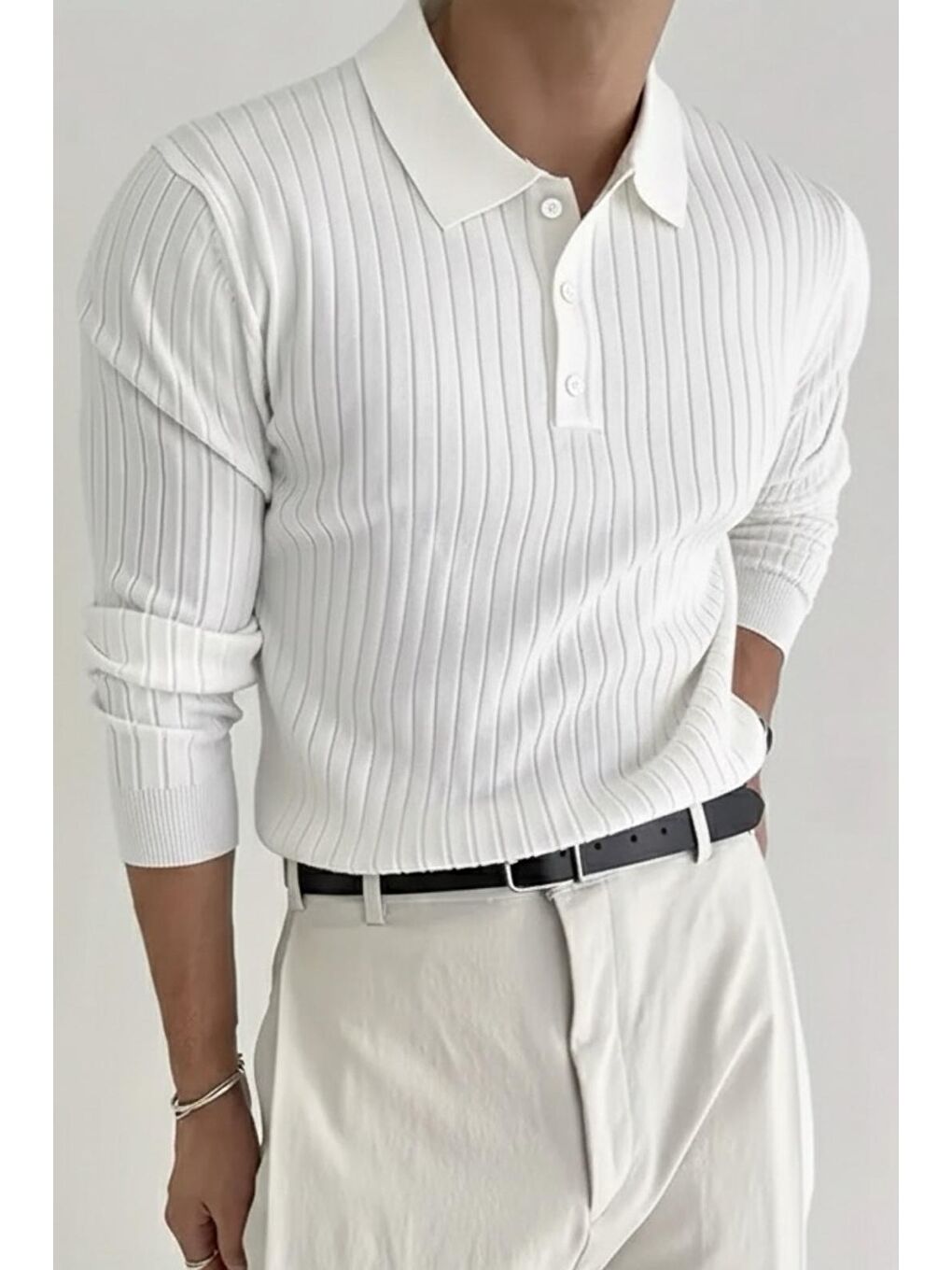 Beyaz Josse Slim Fit Old Money Düğmeli Polo Yaka Triko Kazak