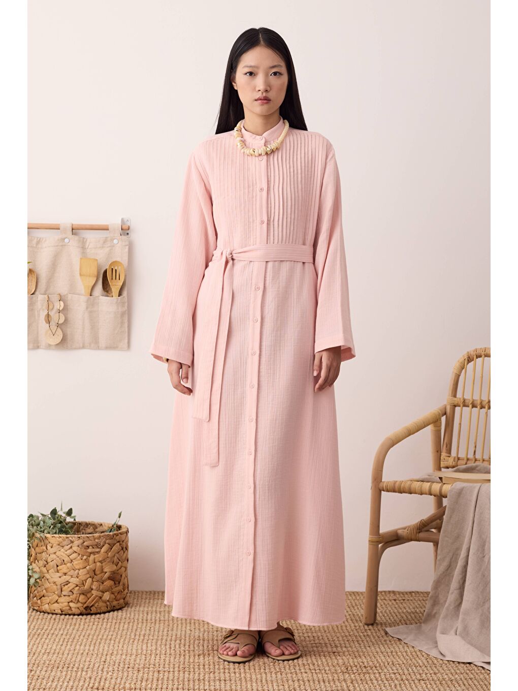 Müslin Nervürlü Elbise Pembe-1