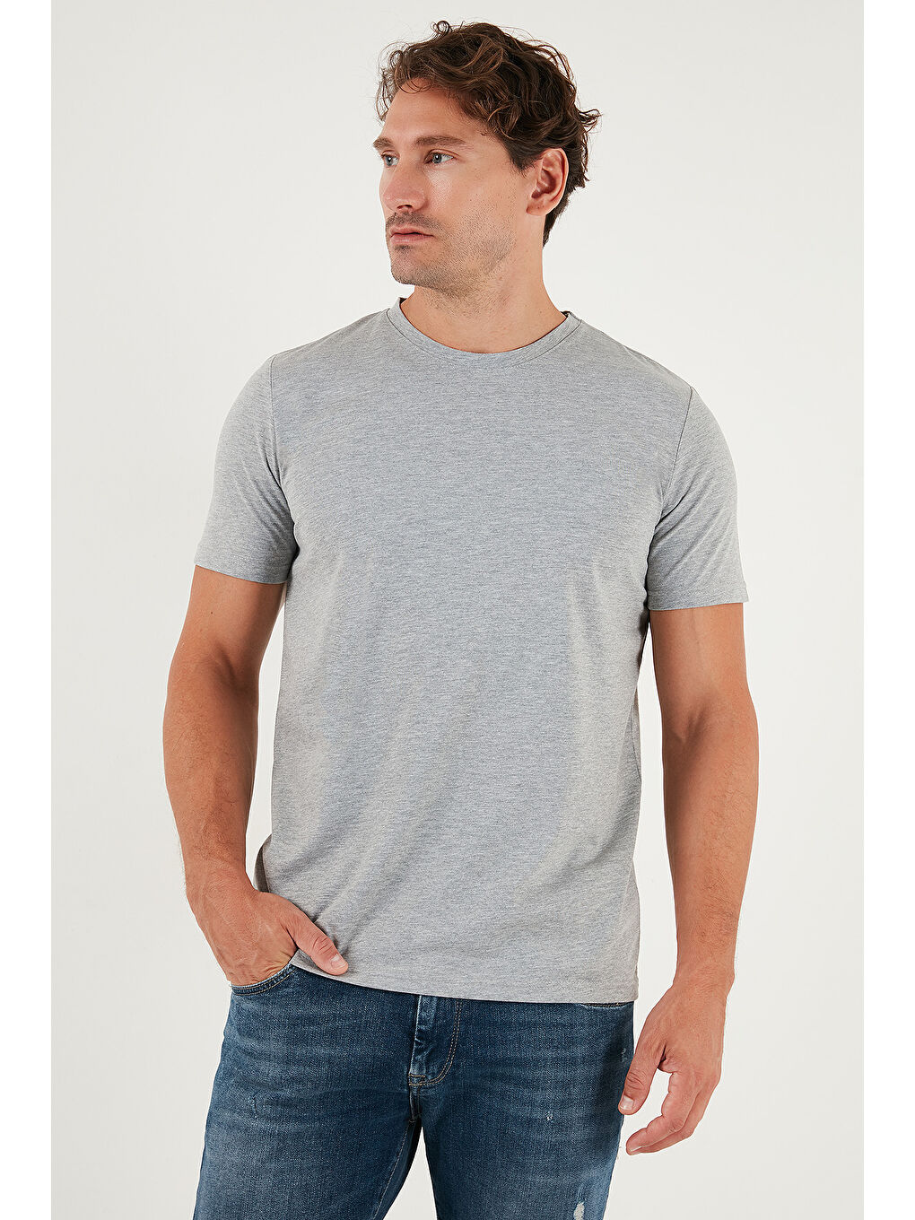 Gri Pamuklu Regular Fit Bisiklet Yaka %100 Pamuk Tişört 59020204-4