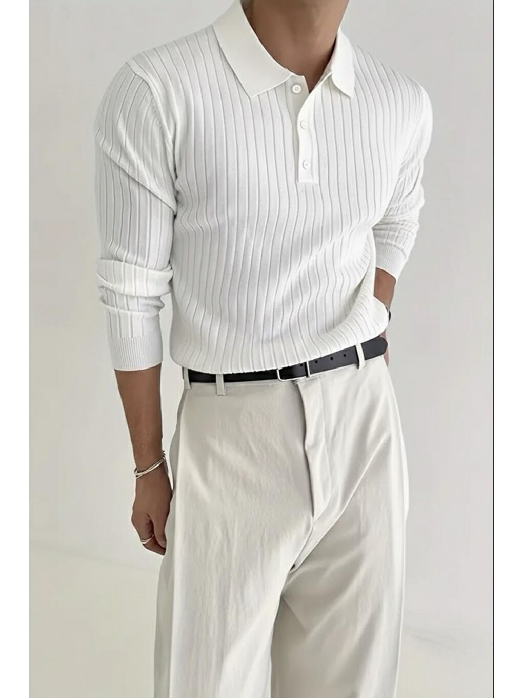 Beyaz Josse Slim Fit Old Money Düğmeli Polo Yaka Triko Kazak-2