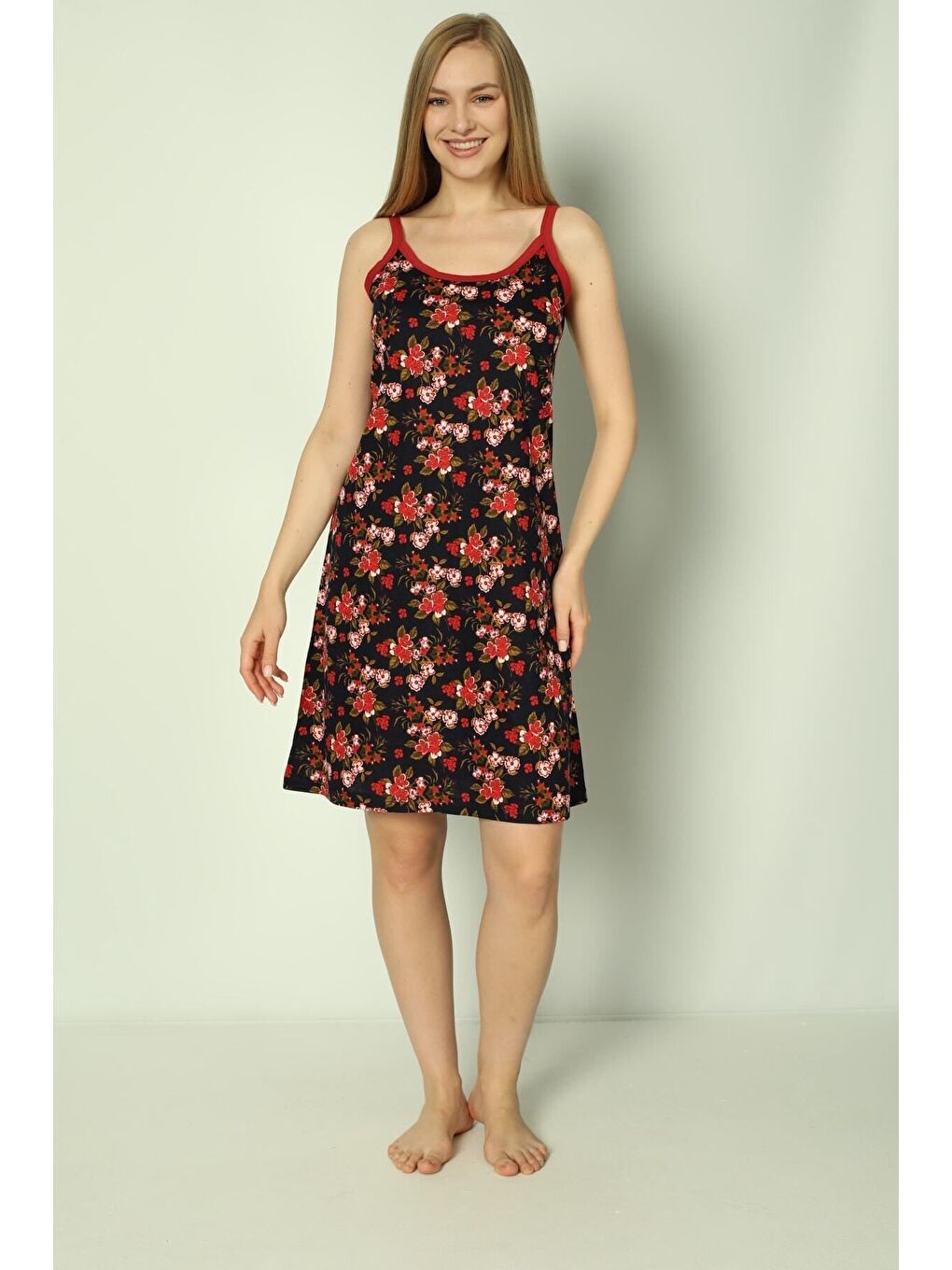 Siyah Desenli Biyeli %100 Pamuk Askılı Elbise