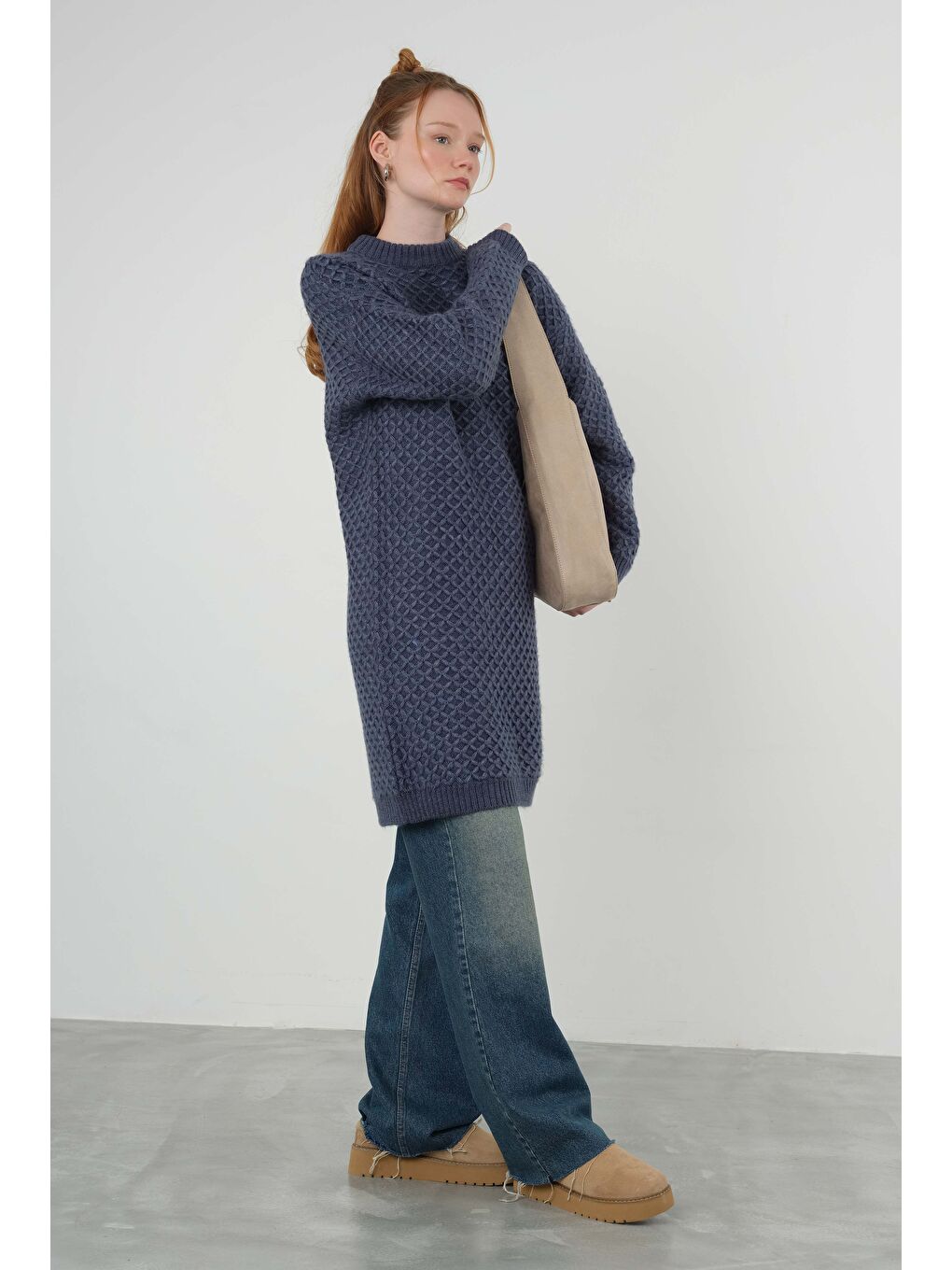 Örümcek Örgülü Kazak Uzun Jean Mavi-2