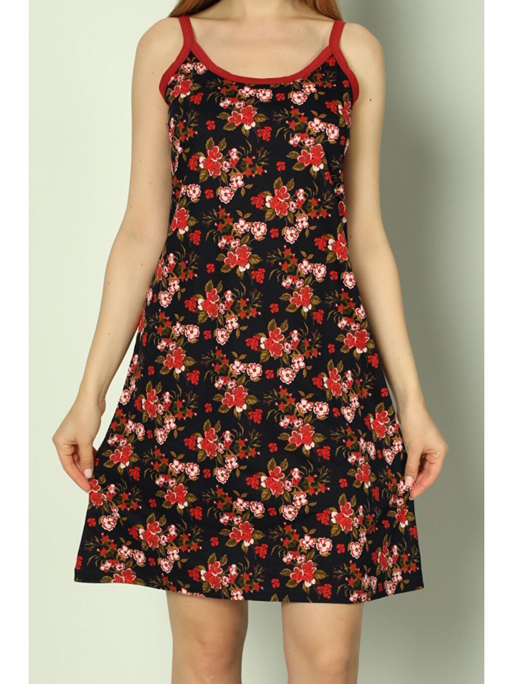 Siyah Desenli Biyeli %100 Pamuk Askılı Elbise-1