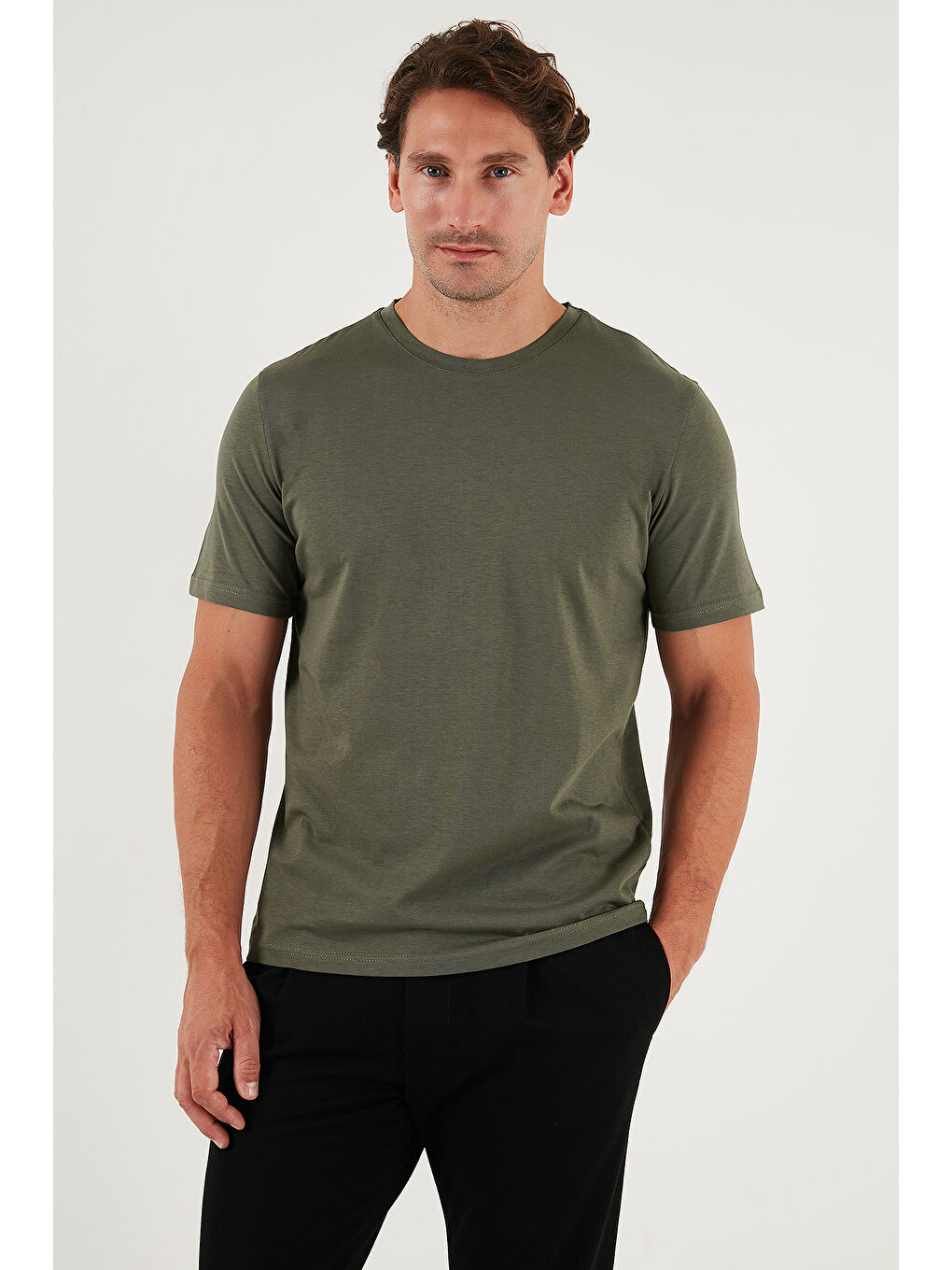 Haki Pamuklu Regular Fit Bisiklet Yaka %100 Pamuk Tişört 59020204-3