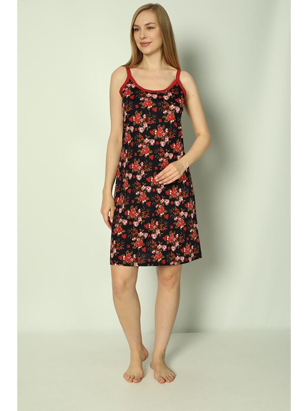 Siyah Desenli Biyeli %100 Pamuk Askılı Elbise-2