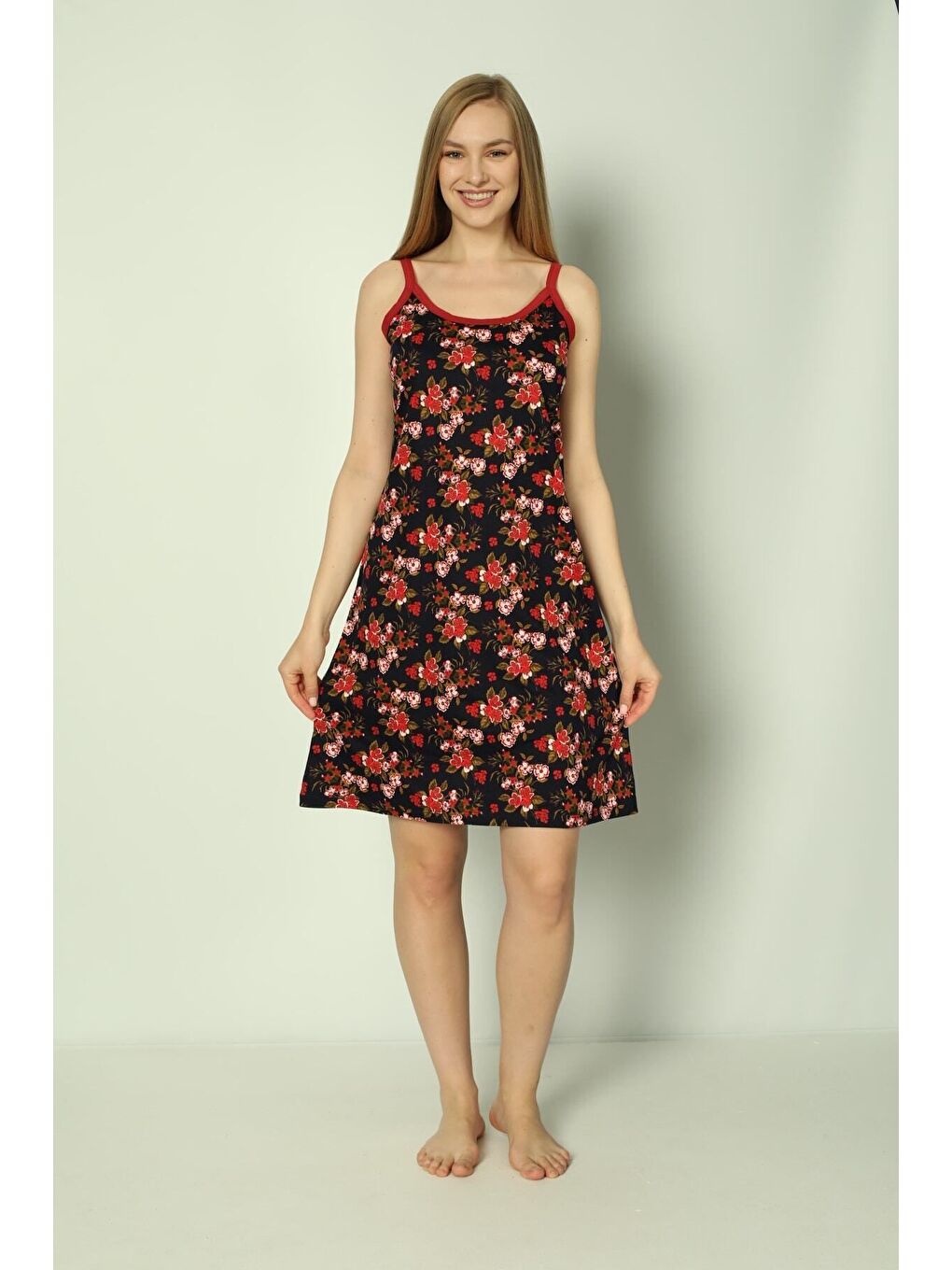 Siyah Desenli Biyeli %100 Pamuk Askılı Elbise-3