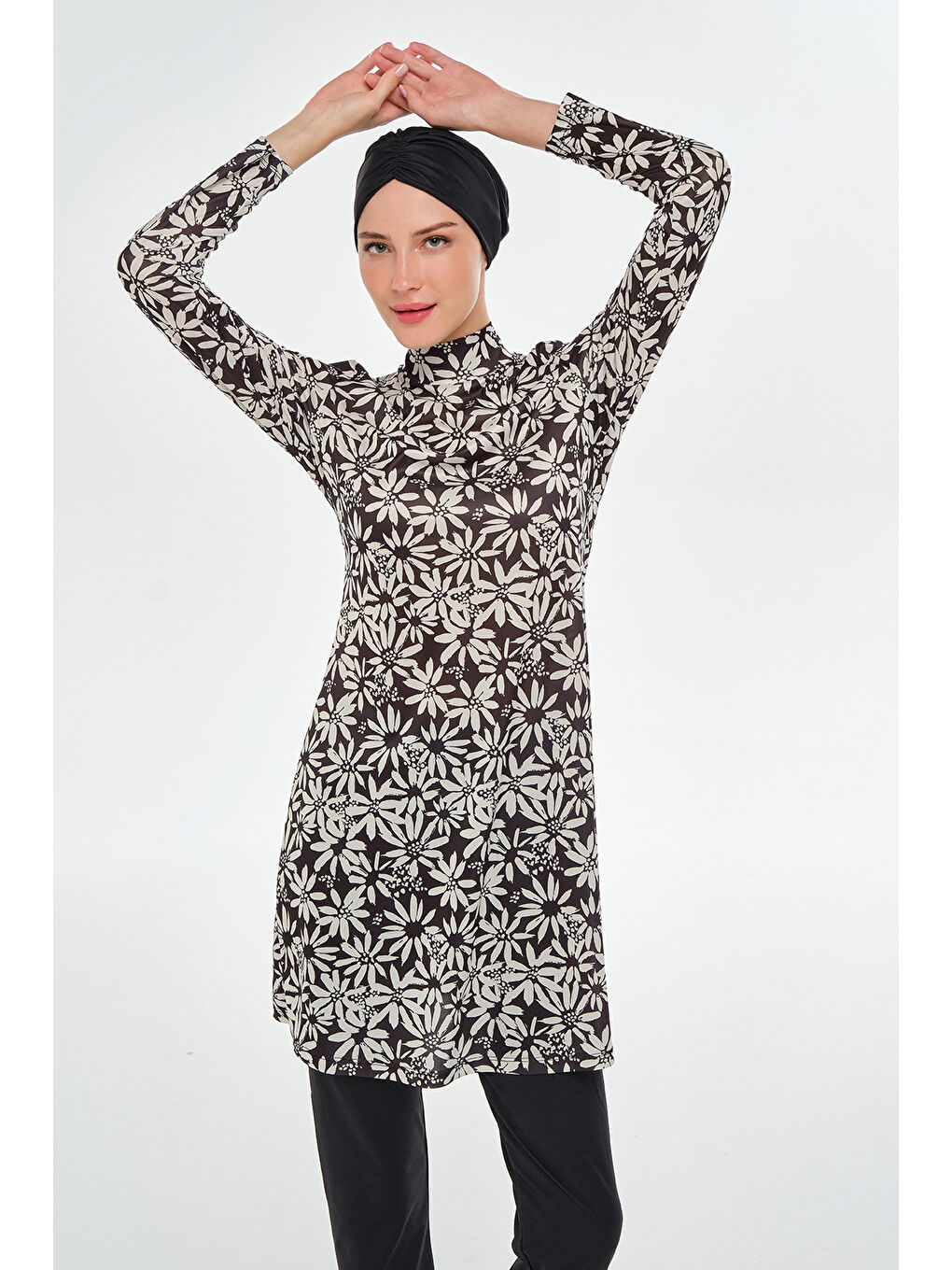 Elastanlı Tam Kapalı Tesettür Mayo Desenli 3101 Siyah-4