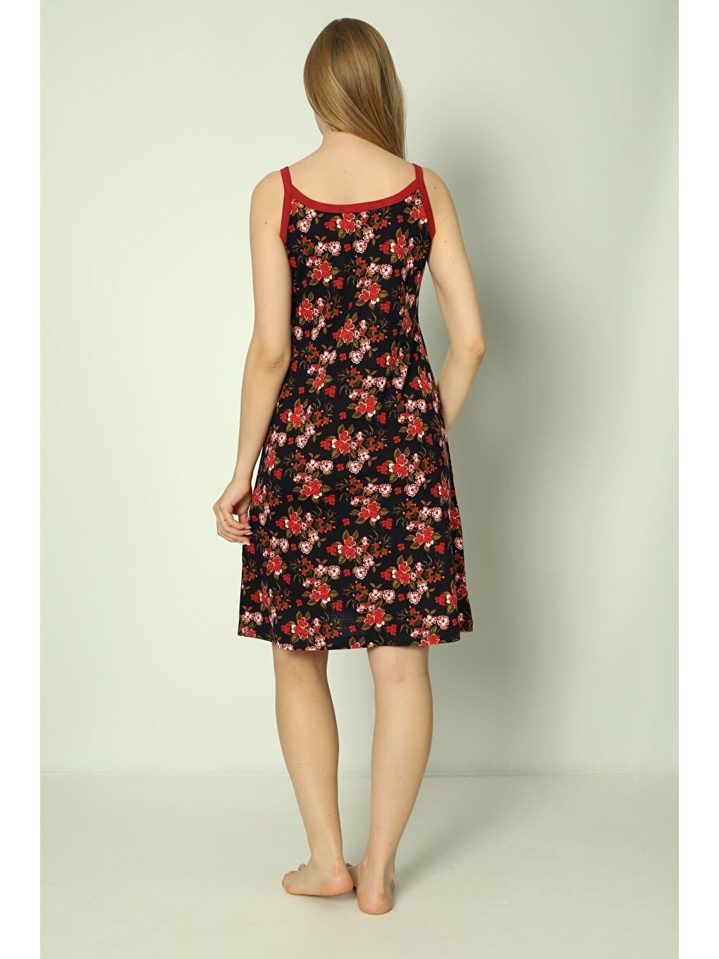 Siyah Desenli Biyeli %100 Pamuk Askılı Elbise-4