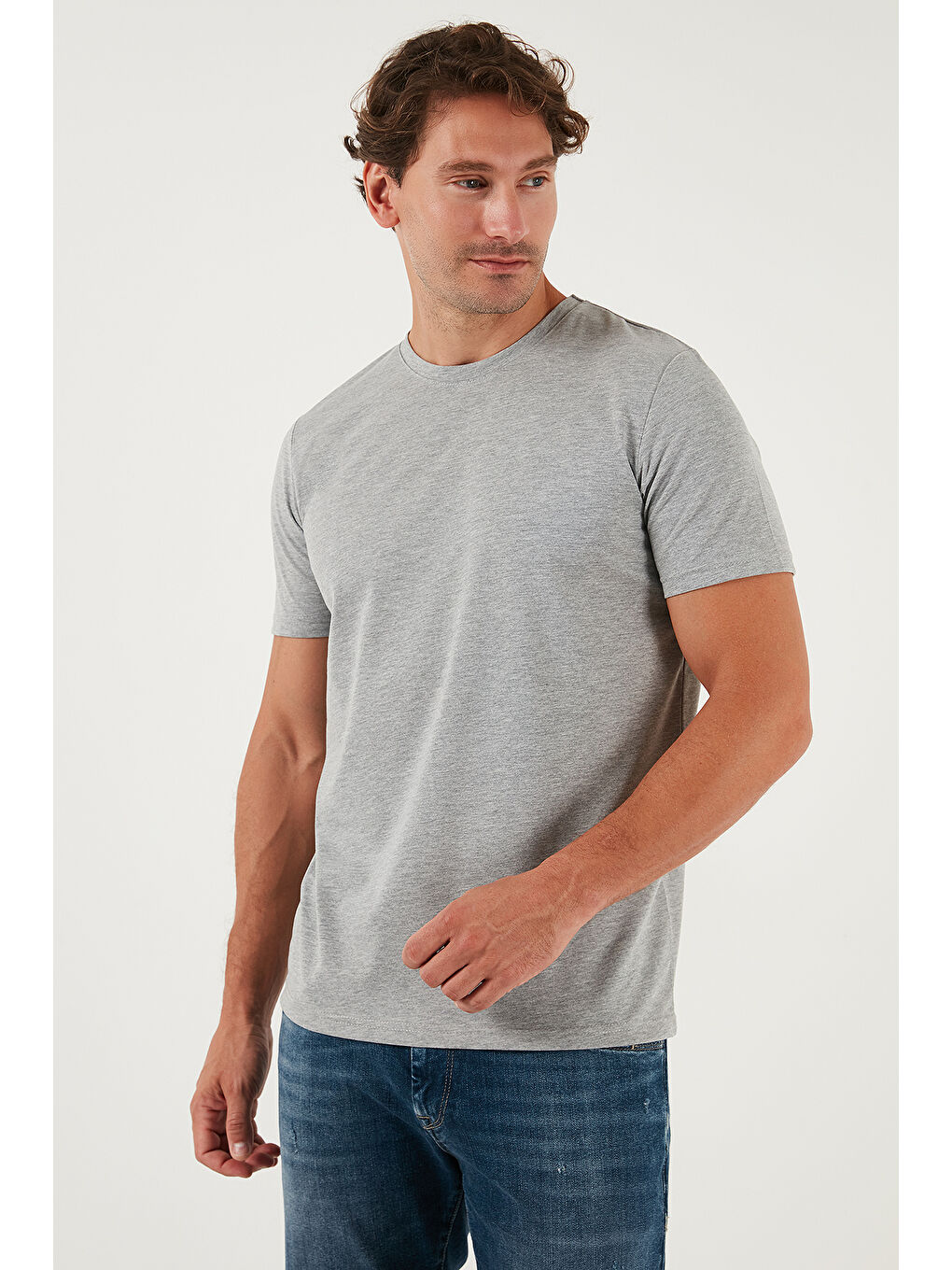 Gri Pamuklu Regular Fit Bisiklet Yaka %100 Pamuk Tişört 59020204-5