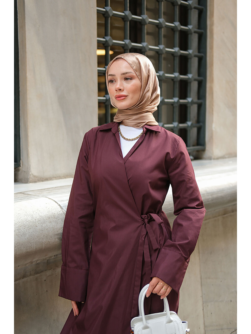 Kadın Poplin Yan Bağlamalı Elbise Mürdüm-1