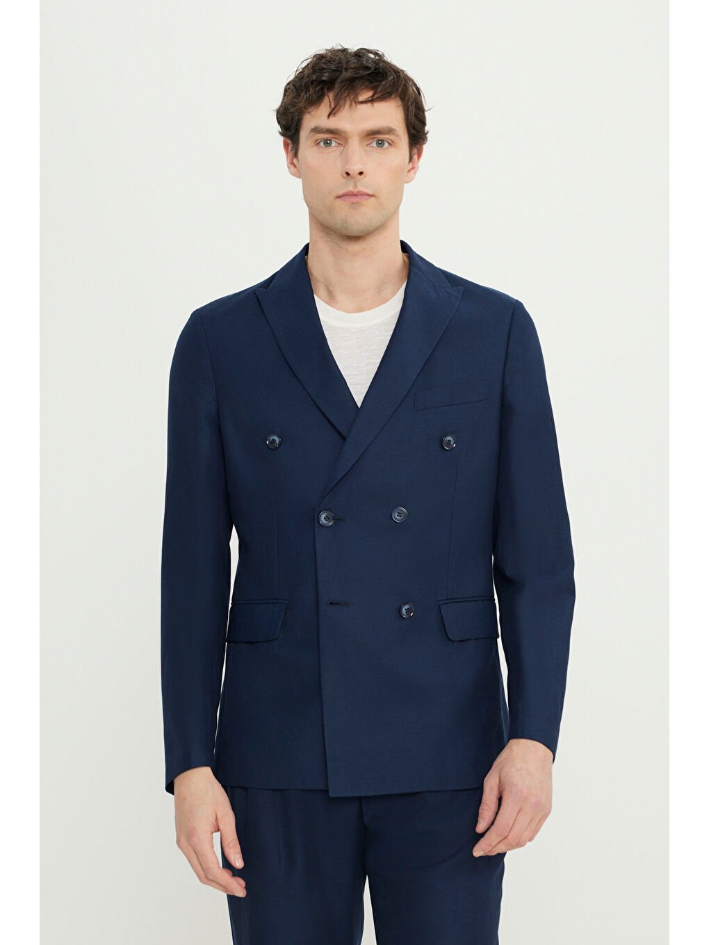 Erkek Lacivert Keten Slim Fit Kırlangıç Yaka Beli Bağlamalı Kruvaze Takım Elbise