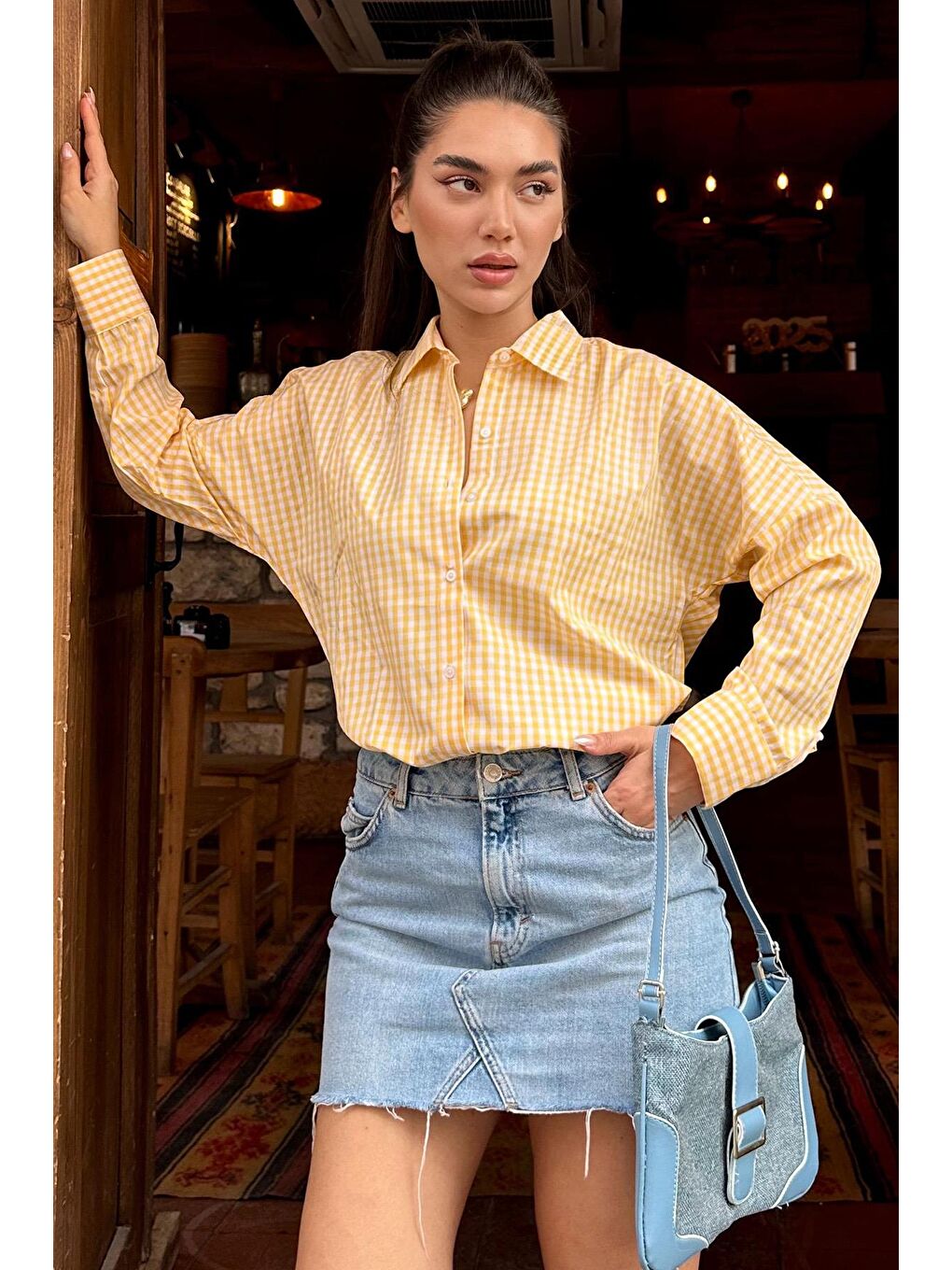 Sarı Pötikareli Uzun Kollu Kadın Gömlek Mg2386