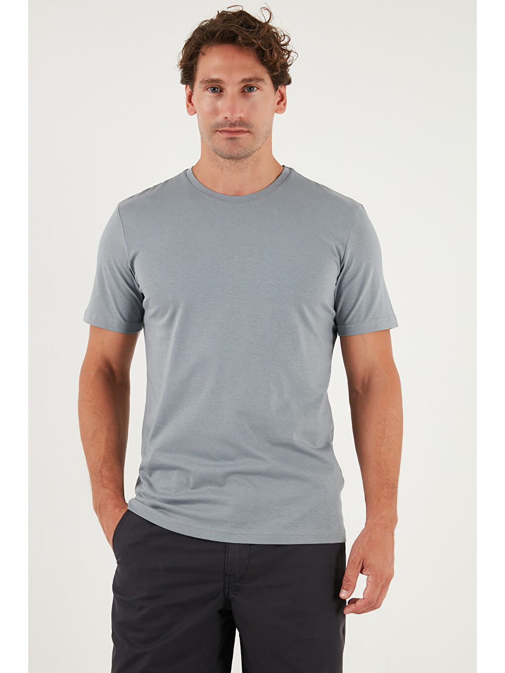 Gri Pamuklu Regular Fit Bisiklet Yaka Tişört 59020204-3