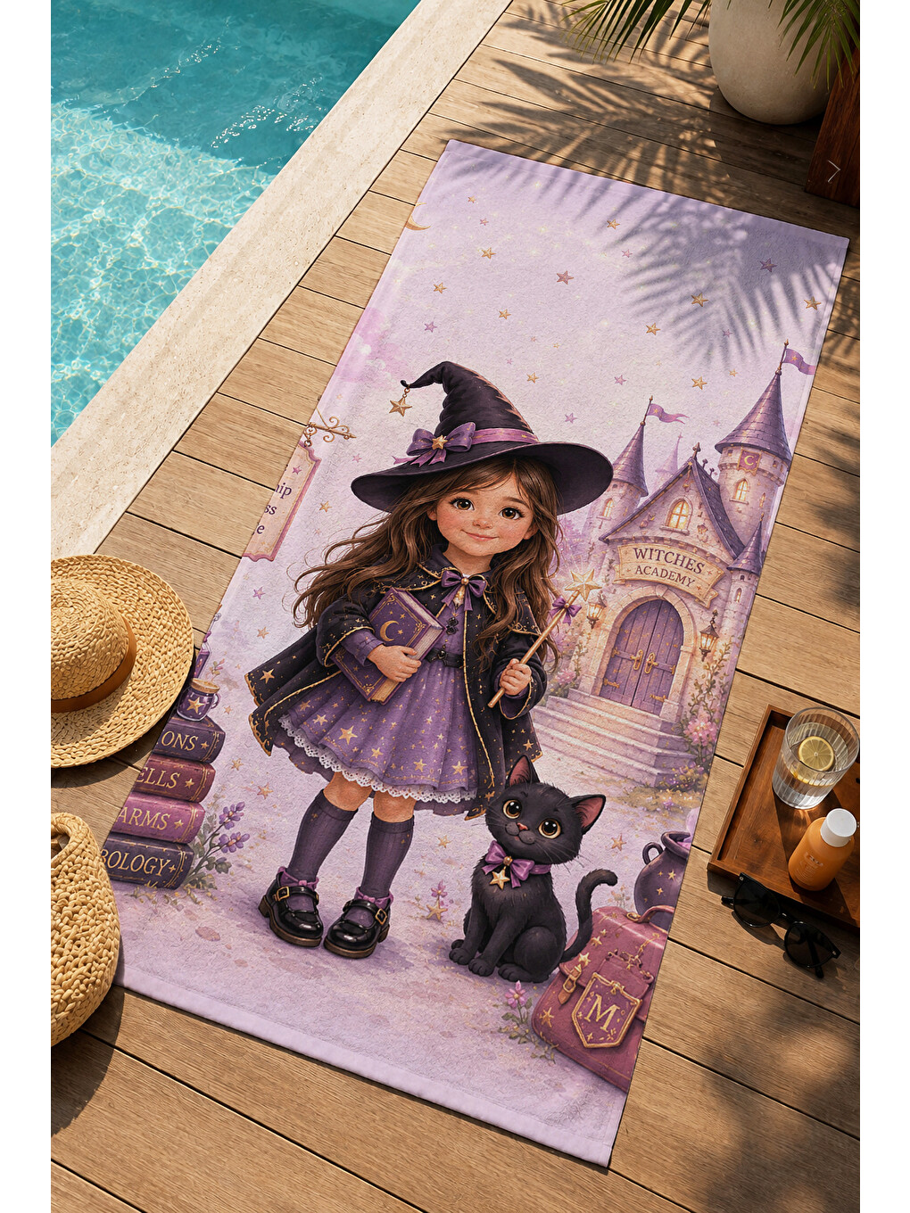 Mor Masalsı Cadı Kız Şato Ve Yıldızlı Halloween Desenli 70x150 Plaj Havlusu - Pamuklu Banyo Havlusu-1