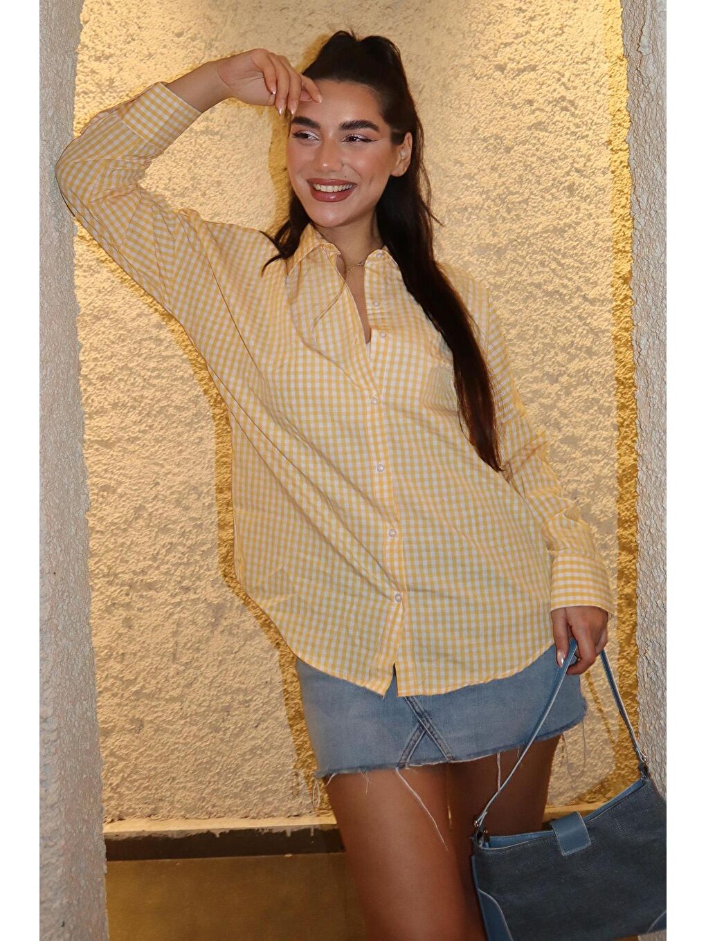 Sarı Pötikareli Uzun Kollu Kadın Gömlek Mg2386-1