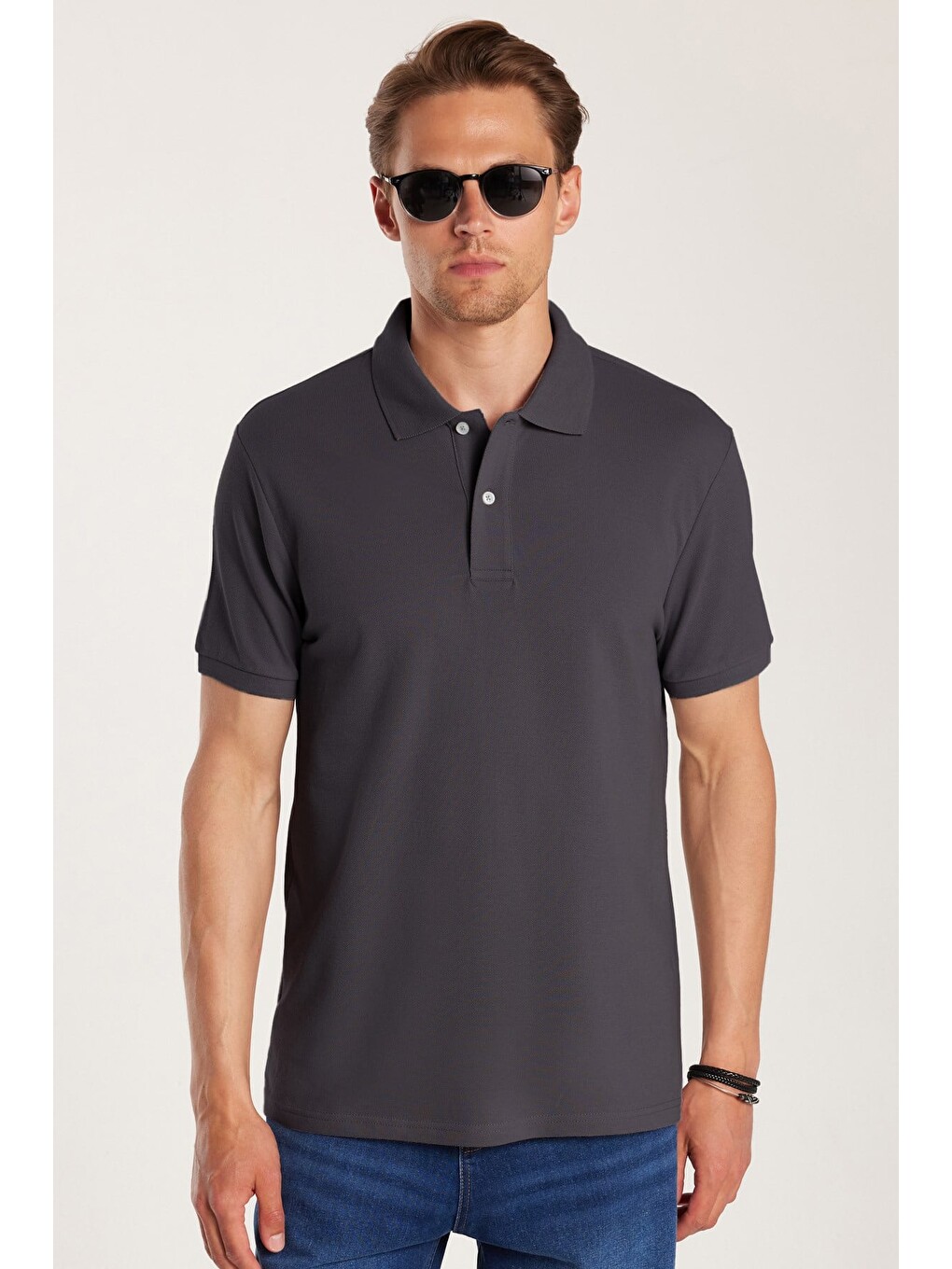 Erkek Slim Fit Dar Kesim %100 Pamuk Kısa Kollu Polo Yaka Antrasit Tişört