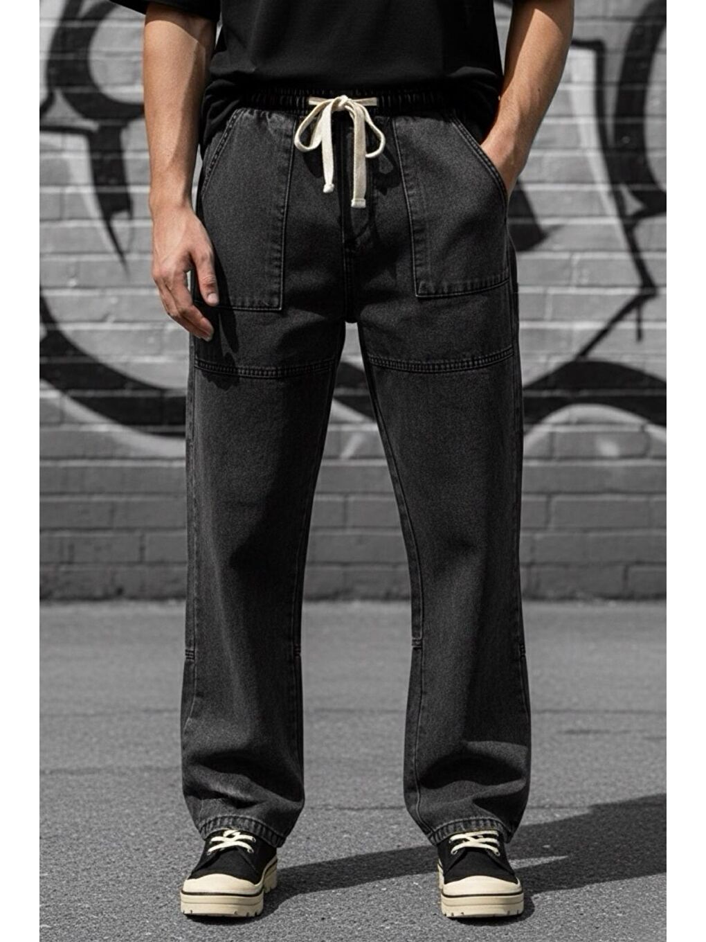 Gri Kare Cep Beli Lastikli İpli Düz Paça Rahat Kesim Erkek Jean Pantolon-1